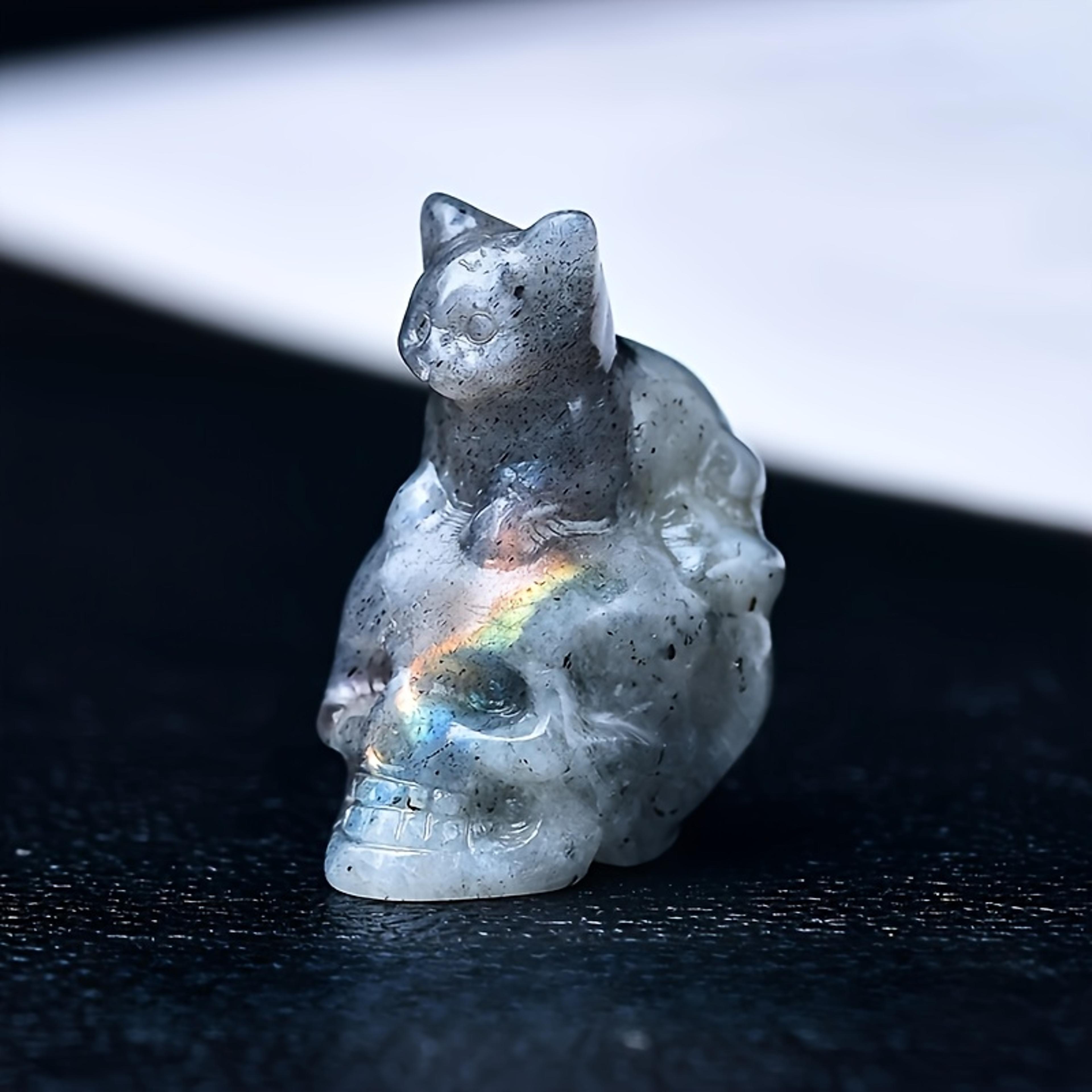 natural crystal skull cat figurine, hand-carved for halloween decor & gift ideas