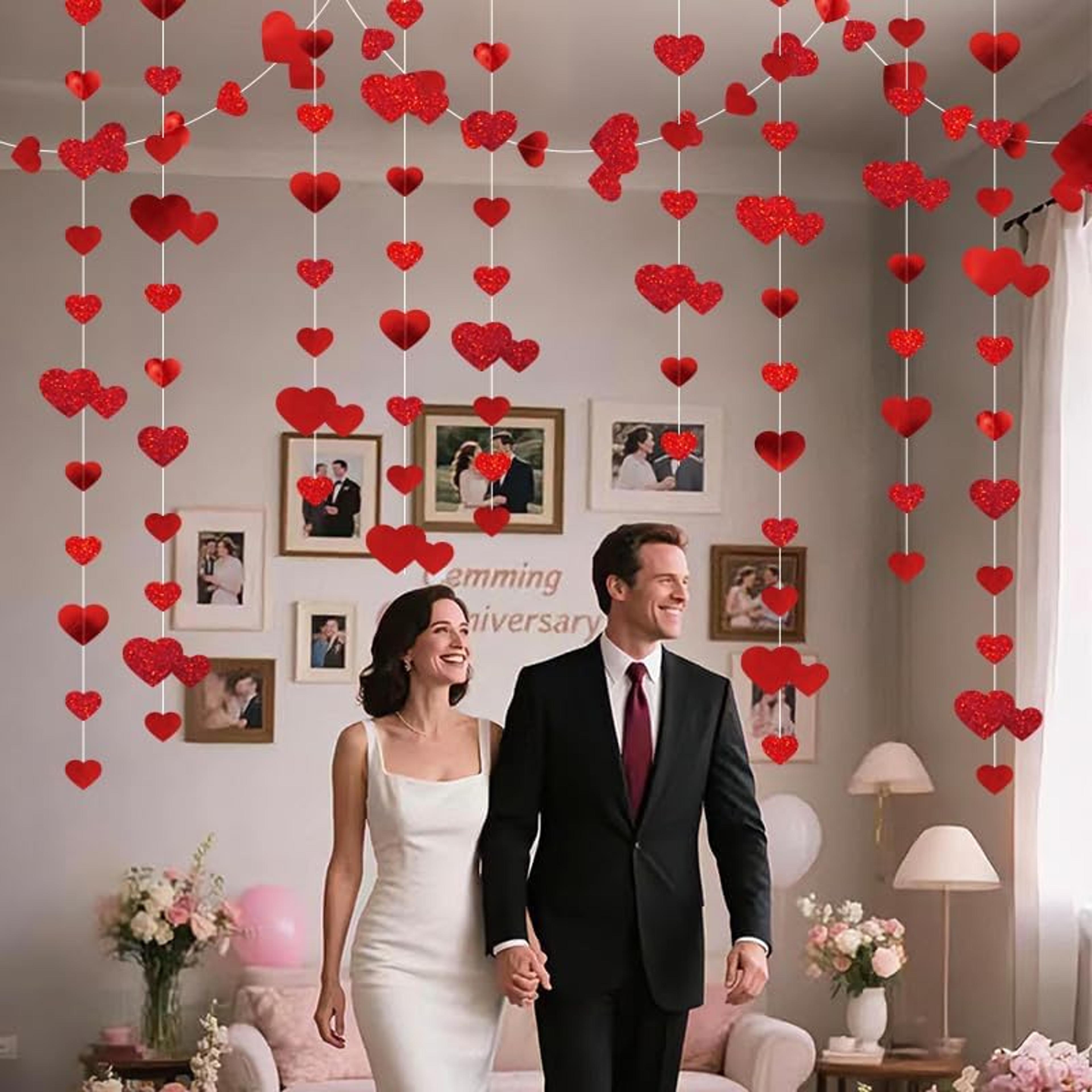 love streamer glitter, red heart garland, paper banner anniversary, home hanging decoration, birthdays parties