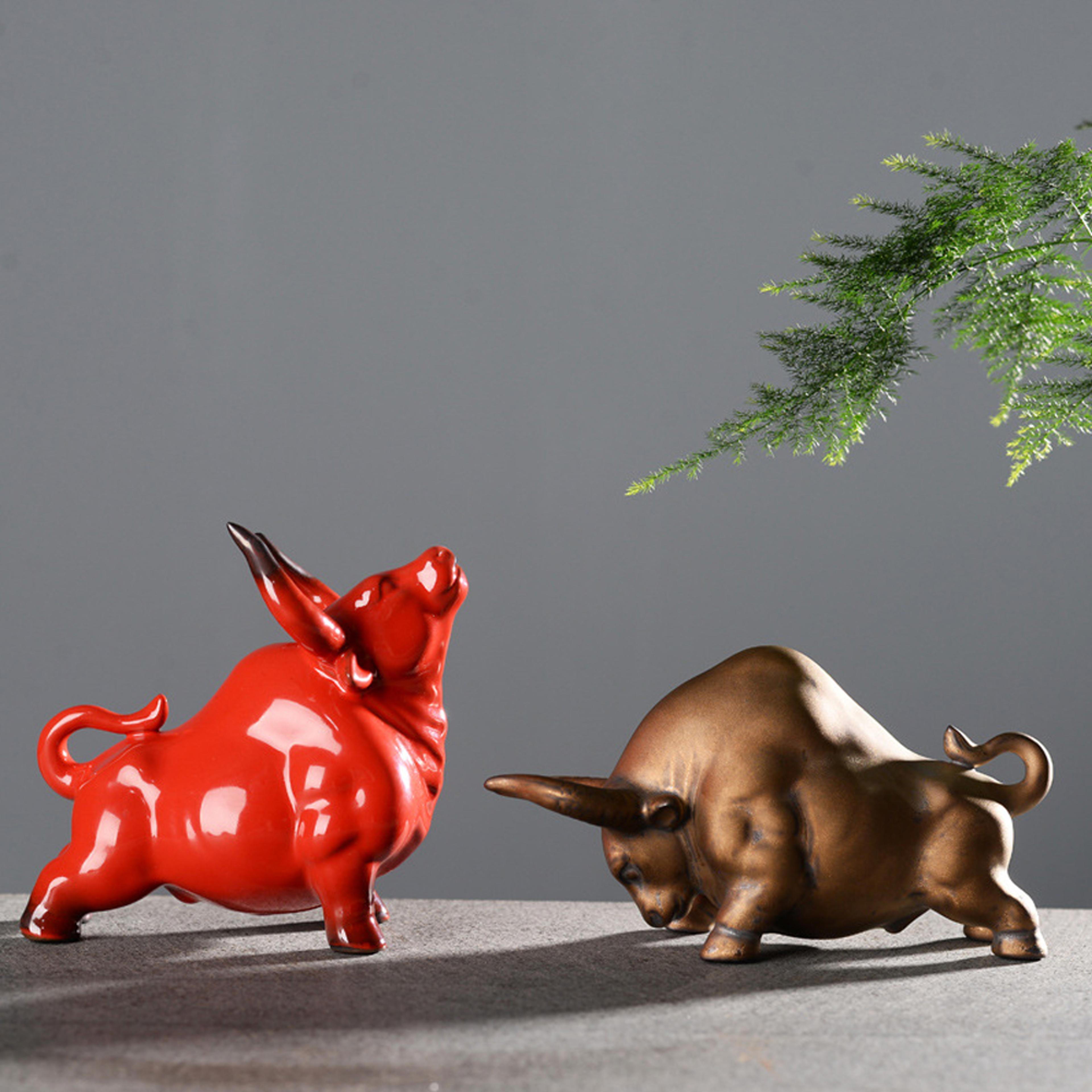nordic home decor bull sculpture desk, luxury ceramic retro bronze or red, lucky cattle cow ox statue figurine toy
