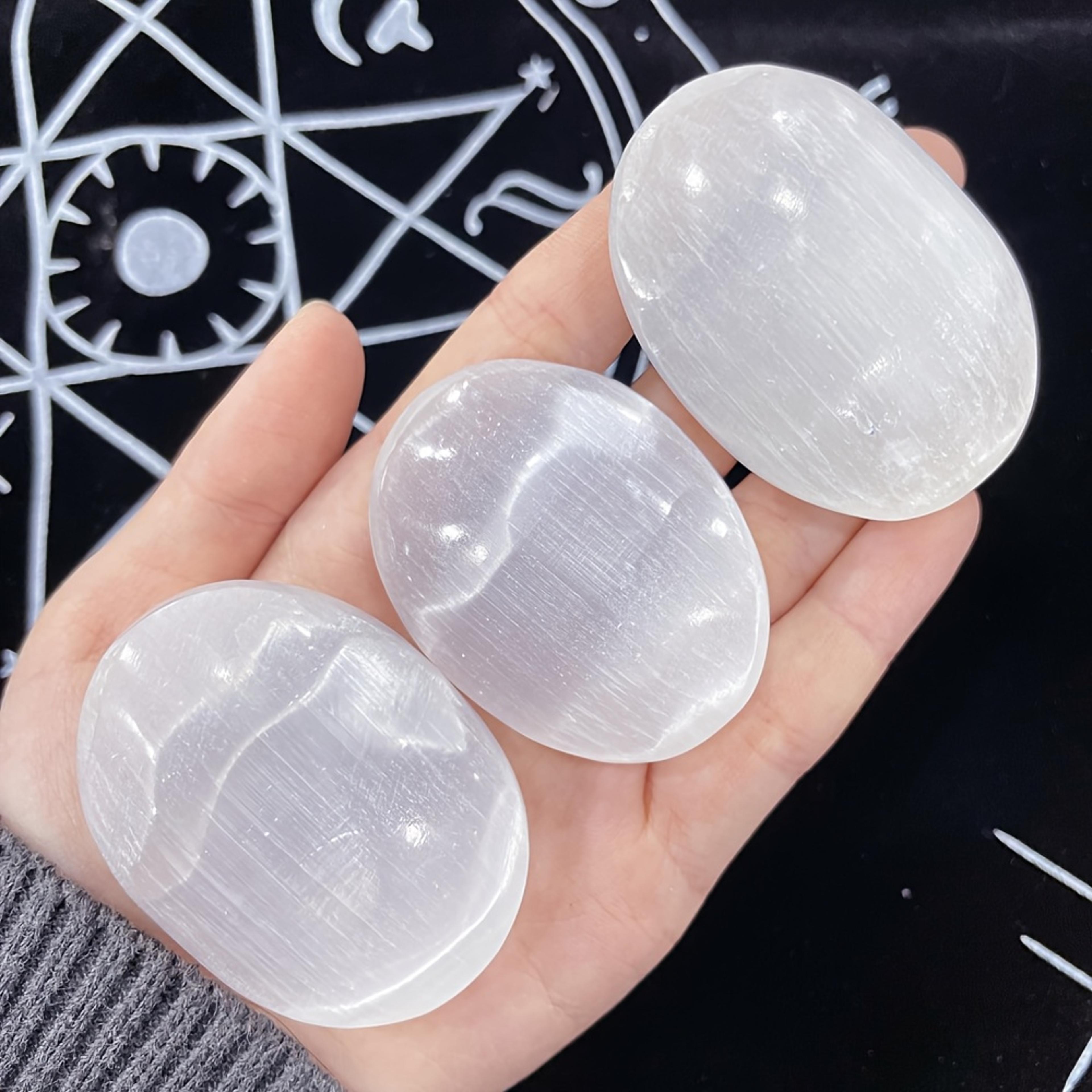 oval shape polished selenite palm crystal stone, natural mineral design for meditation & holiday home decor gift