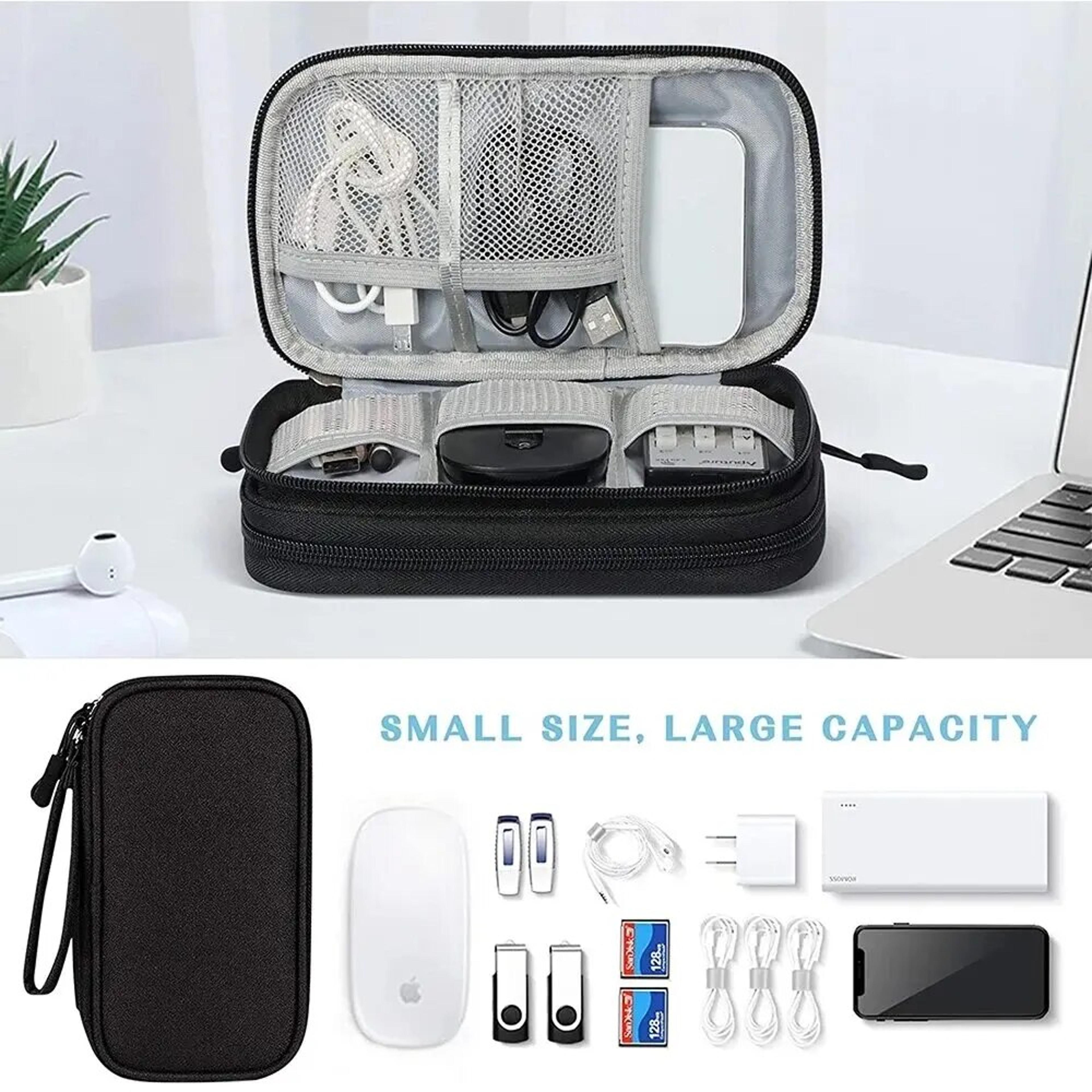 portable waterproof double layer cable organizer pouch, tech gadget travel case for power bank, charger, and cords