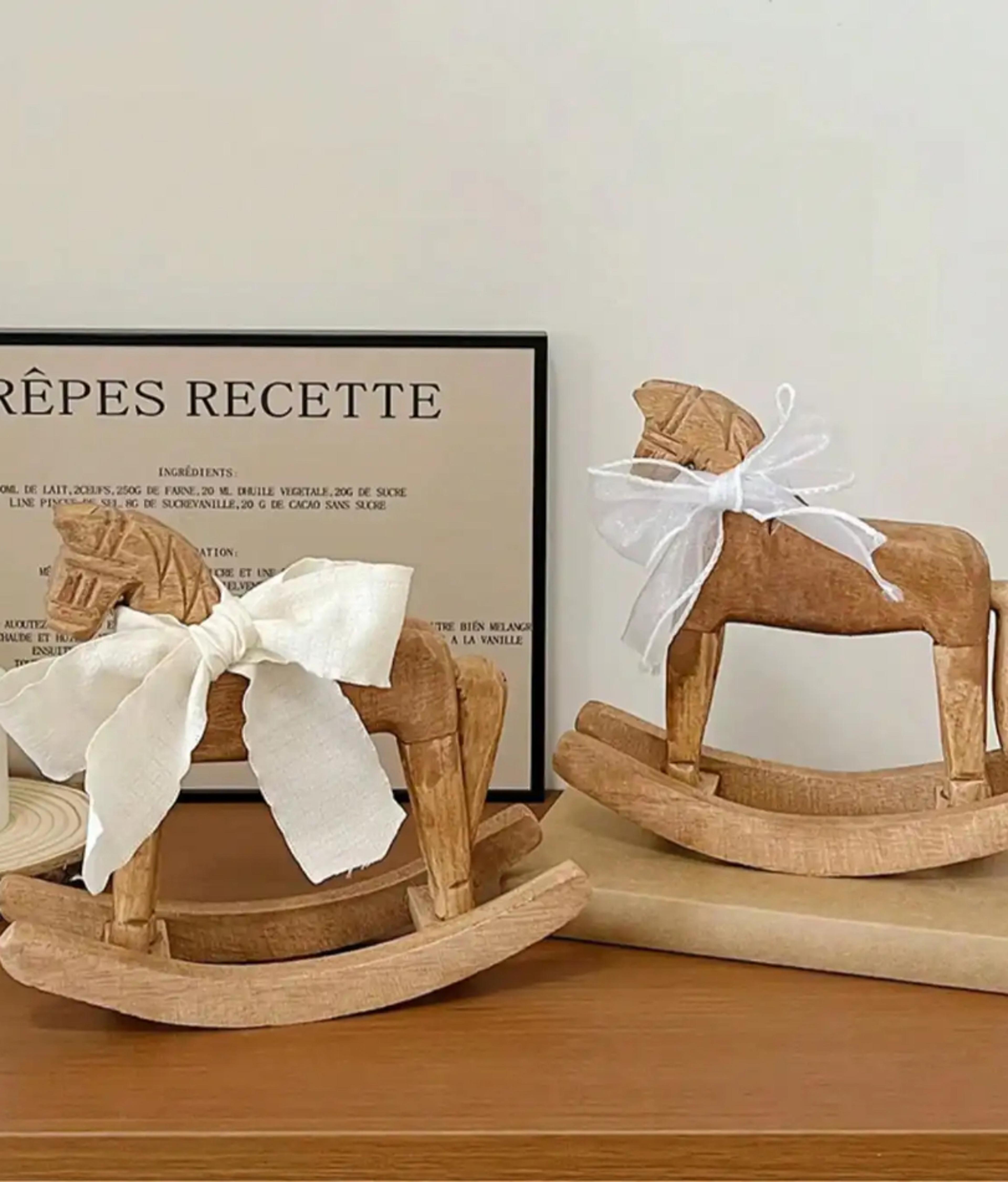 heirloom wooden rocking horse handcarved montessori nursery decor with organic cotton bow fsc oak toy non-toxic baby shower gift