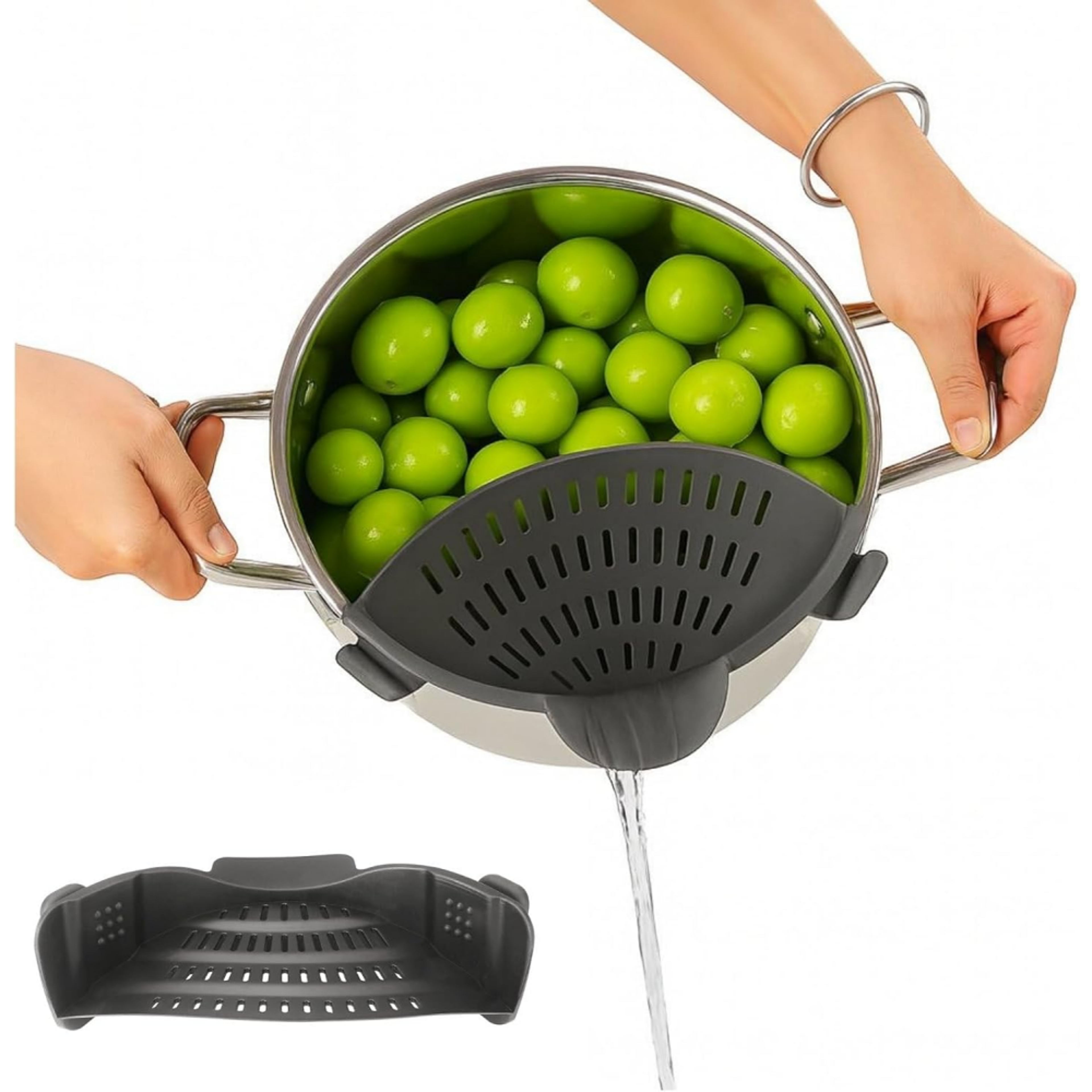 silicone pasta filter pot, clamp-on foldable tool for noodles, vegetables, fruits
