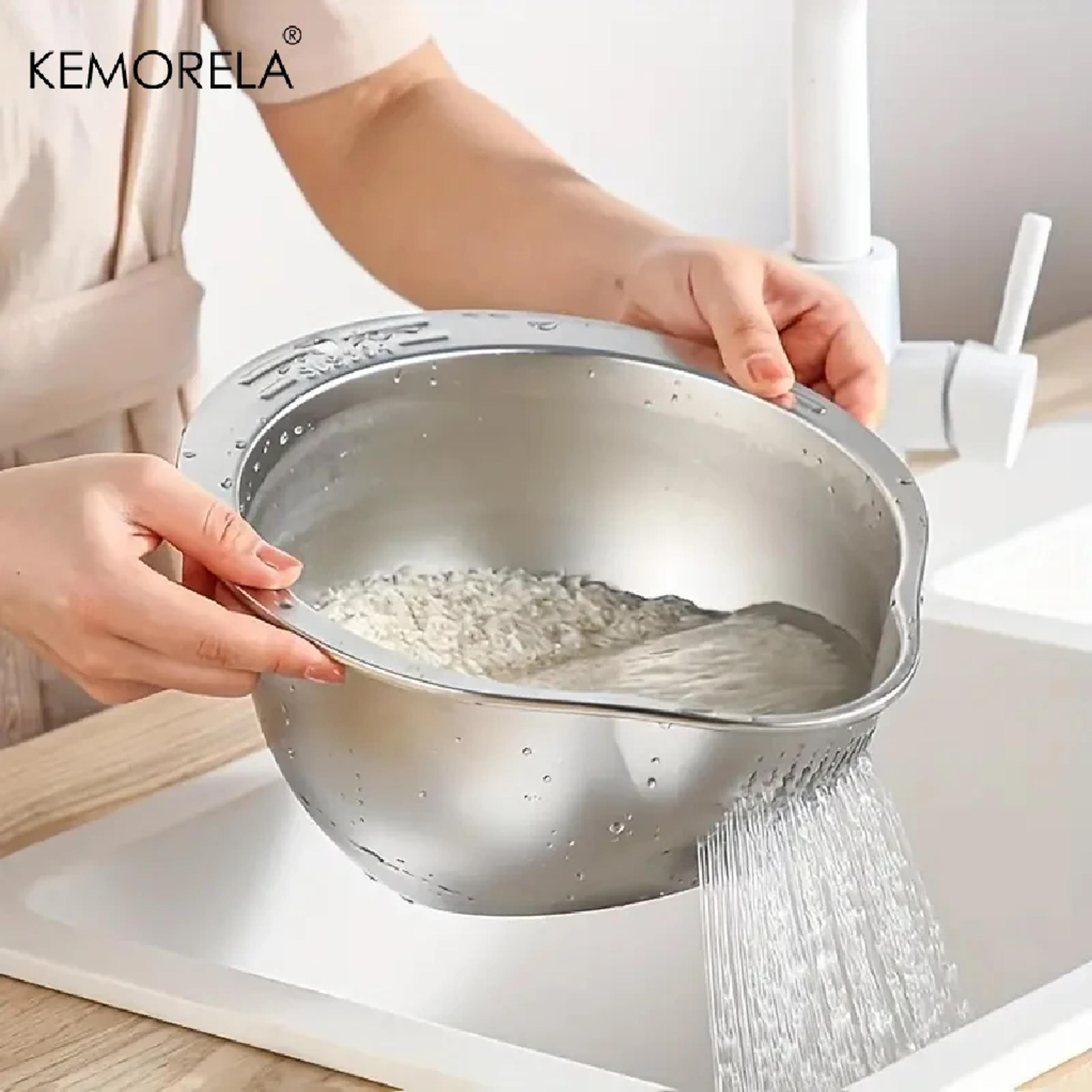 premium stainless steel rice washer bowl & rice strainer colander multi use kitchen rinsing tool