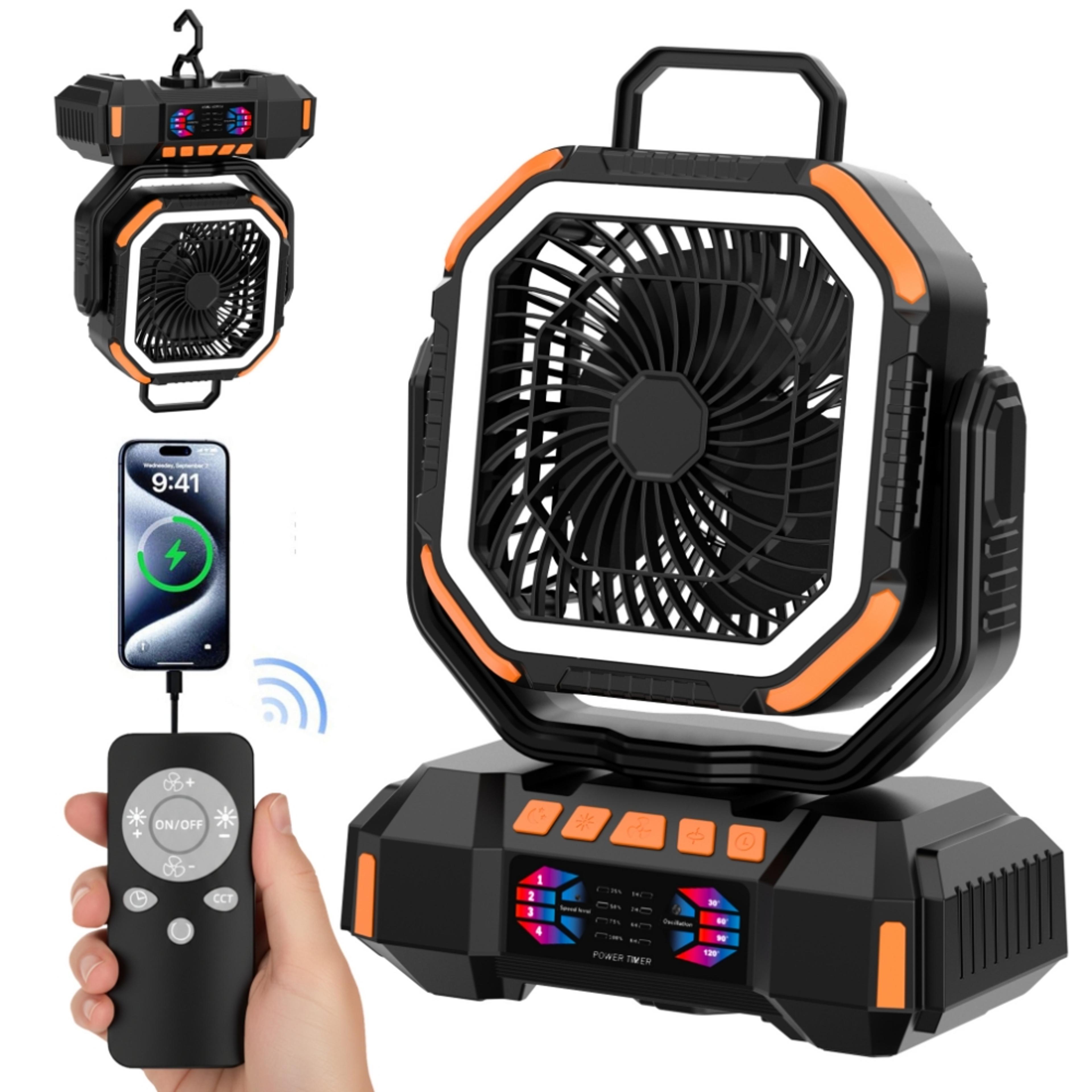 rechargeable camping fan with led light & power bank for outdoor and emergency uses