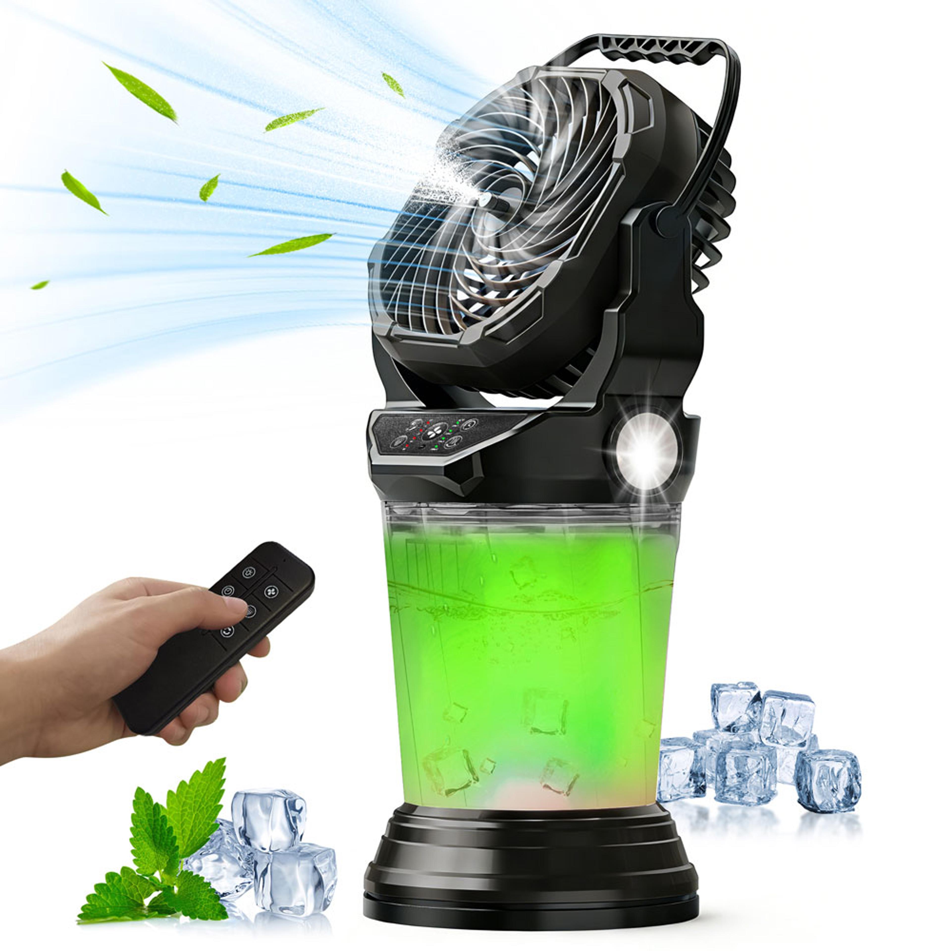 rechargeable portable misting fan with tank and rgb cooling light