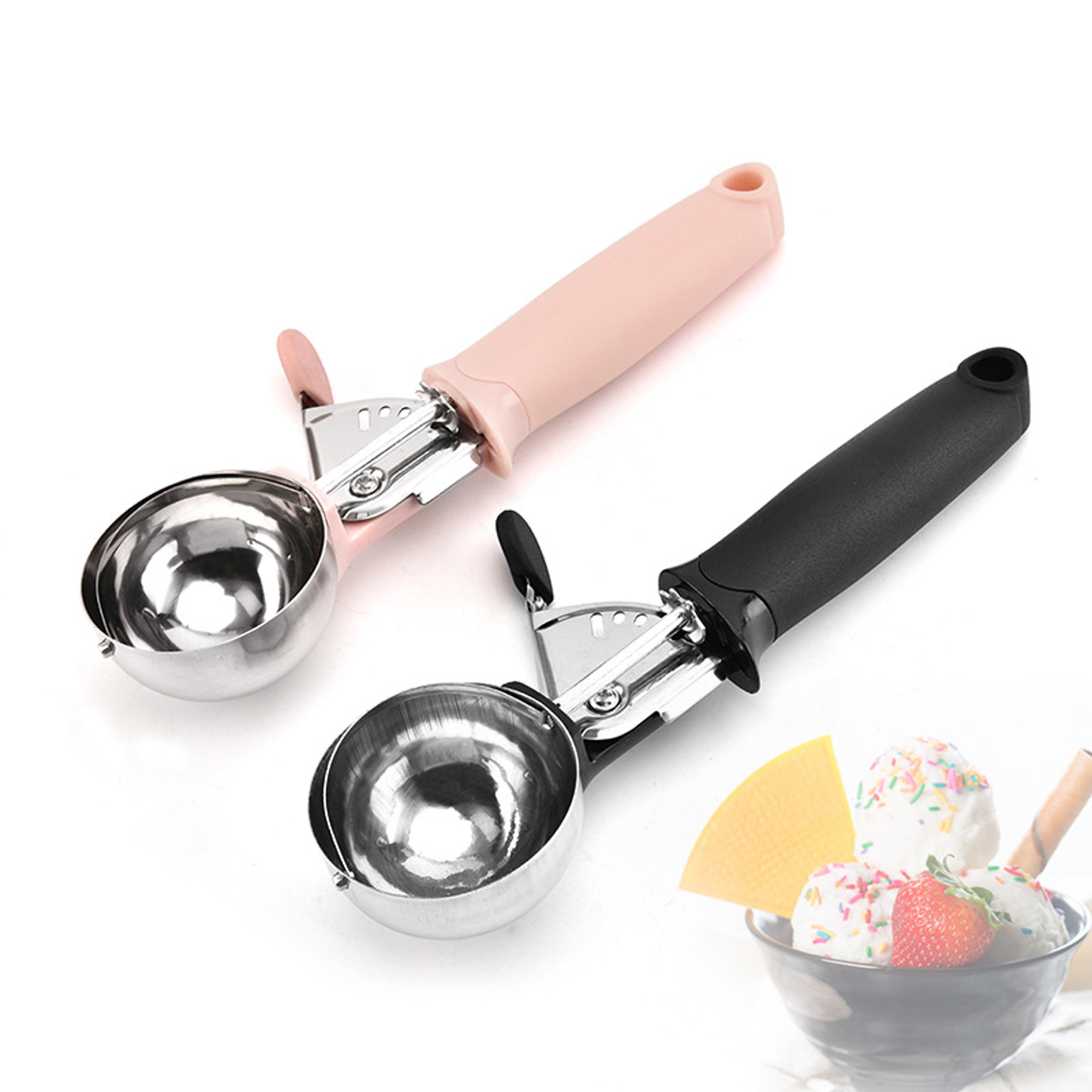 premium stainless steel ice cream scoop with trigger release & fruit baller