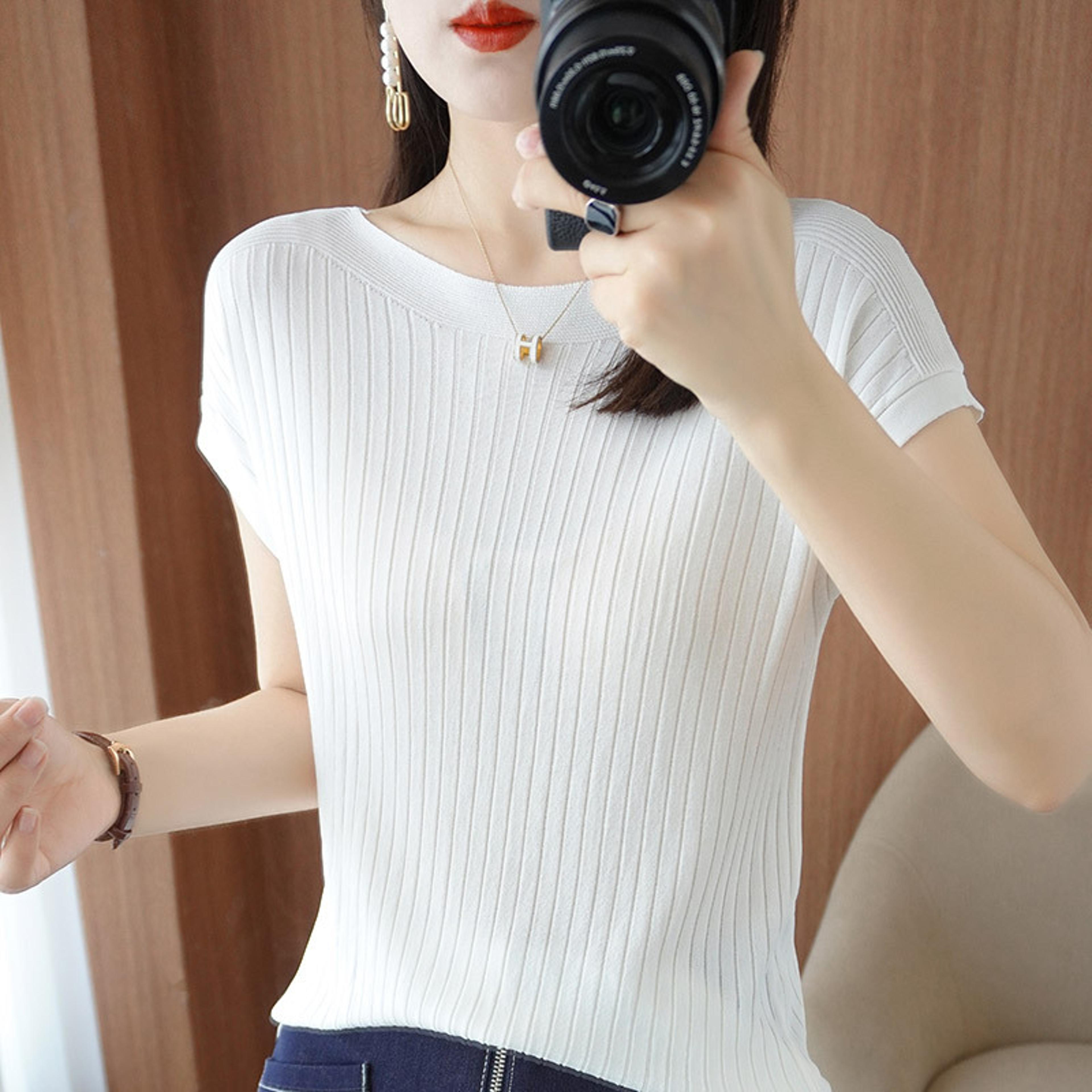 korean style striped knit slash neck women t shirt slim fit spring summers