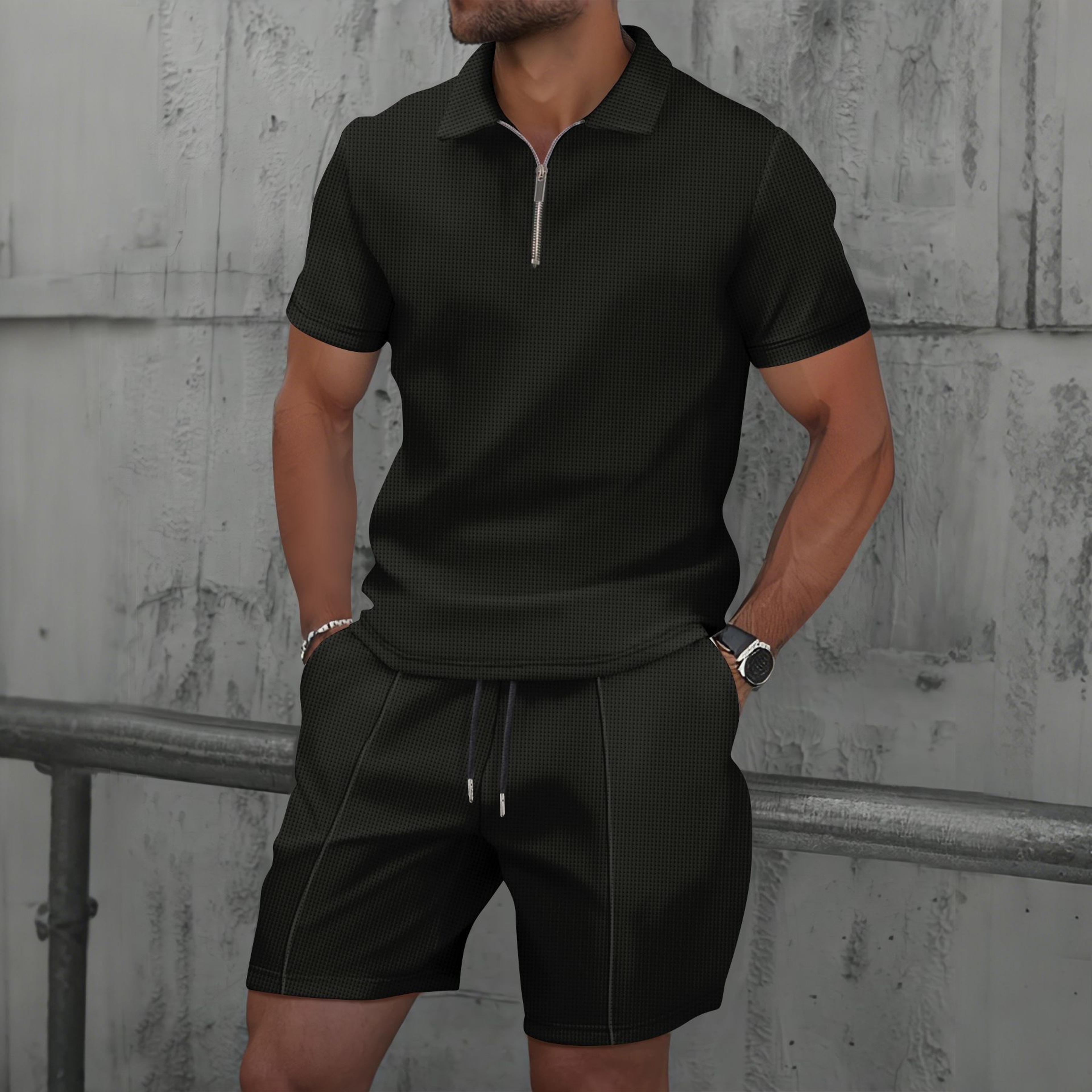 men's summer waffle knit zip up shorts set casual matching outfit