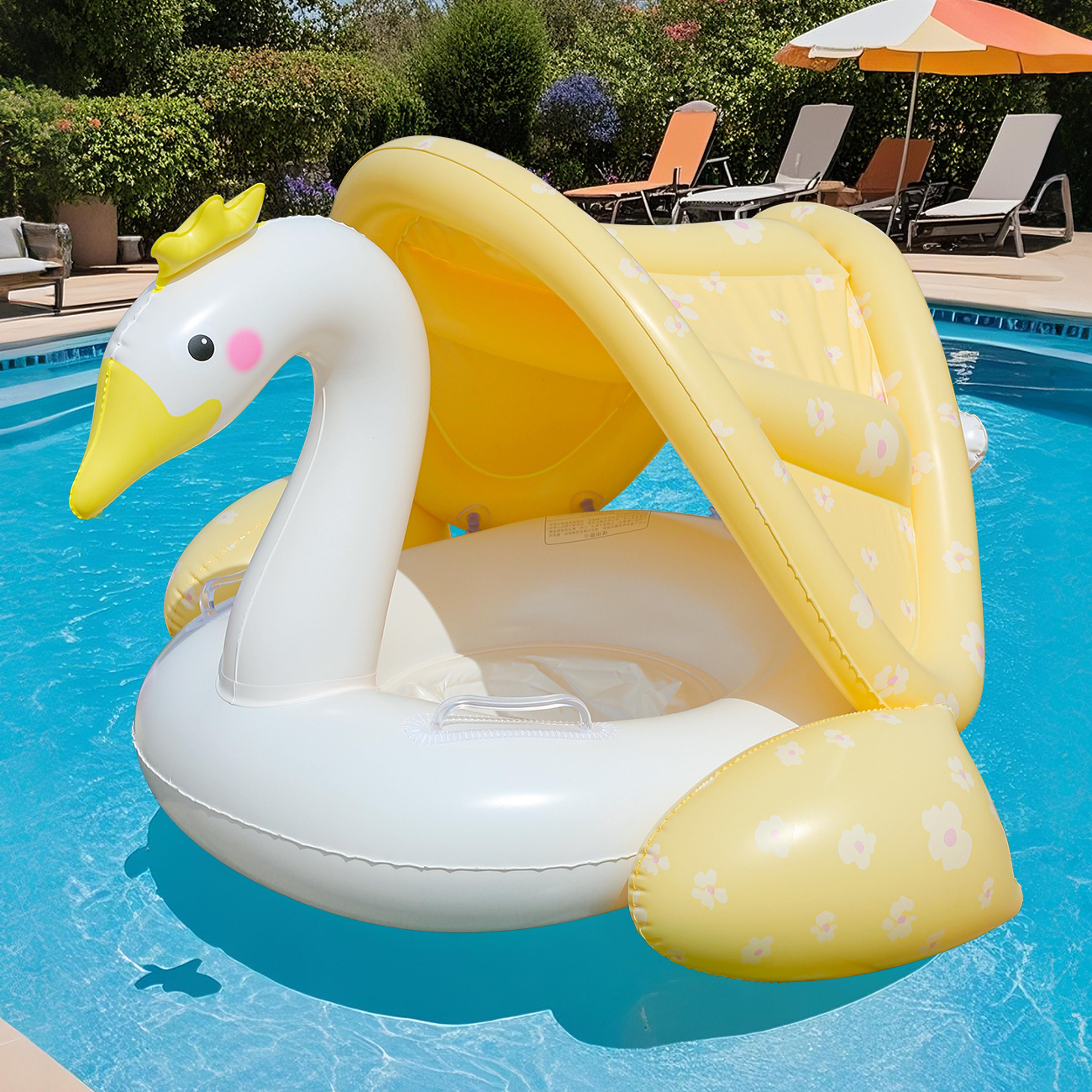 cream swan canopy pool float for kids & toddlers with sun shade swim ring
