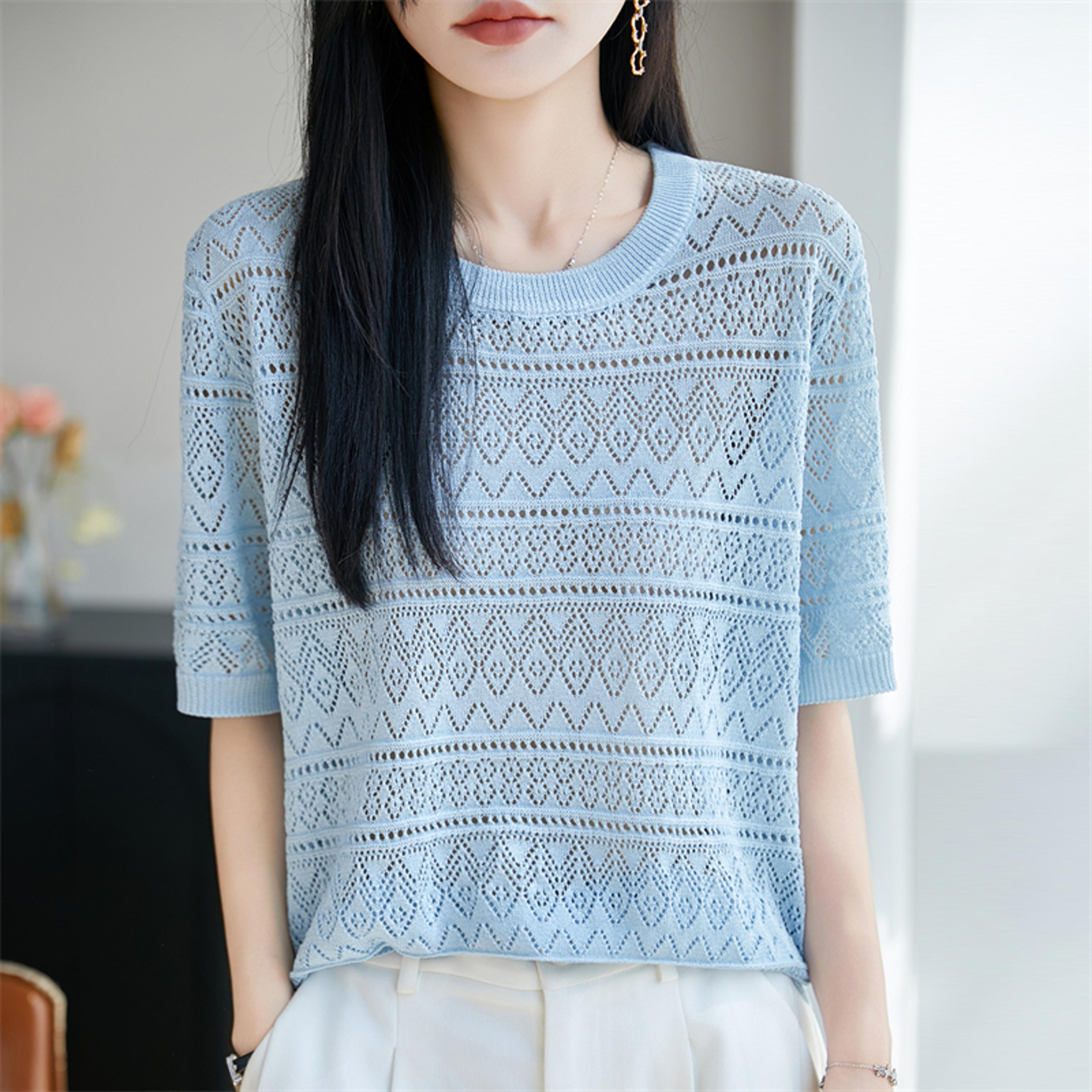 breeza hollow knit short sleeve top for women lightweight summer pullovers