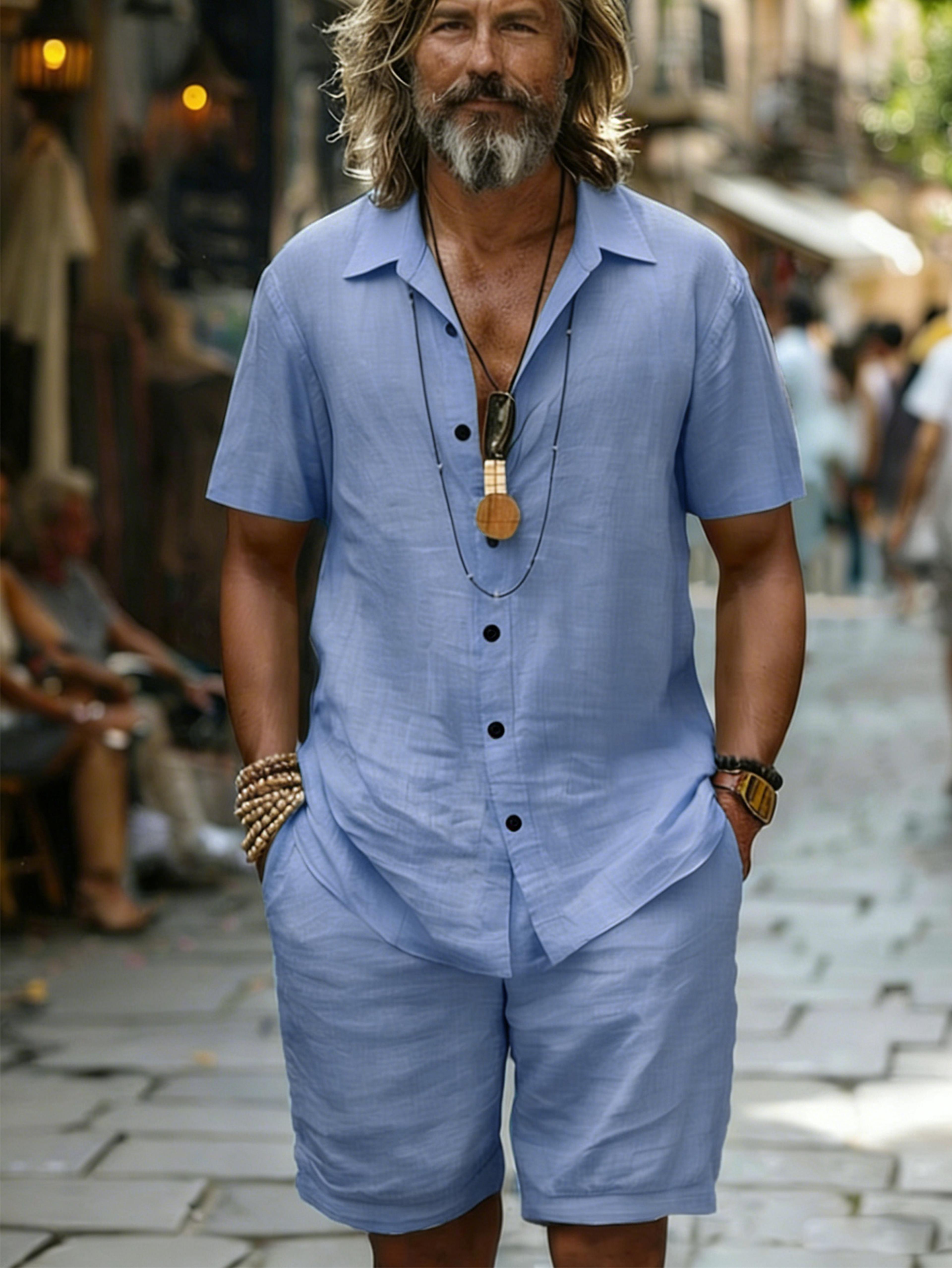 coastal breeze men's cotton summer shirt & shorts set casual beach vacation two piece outfit
