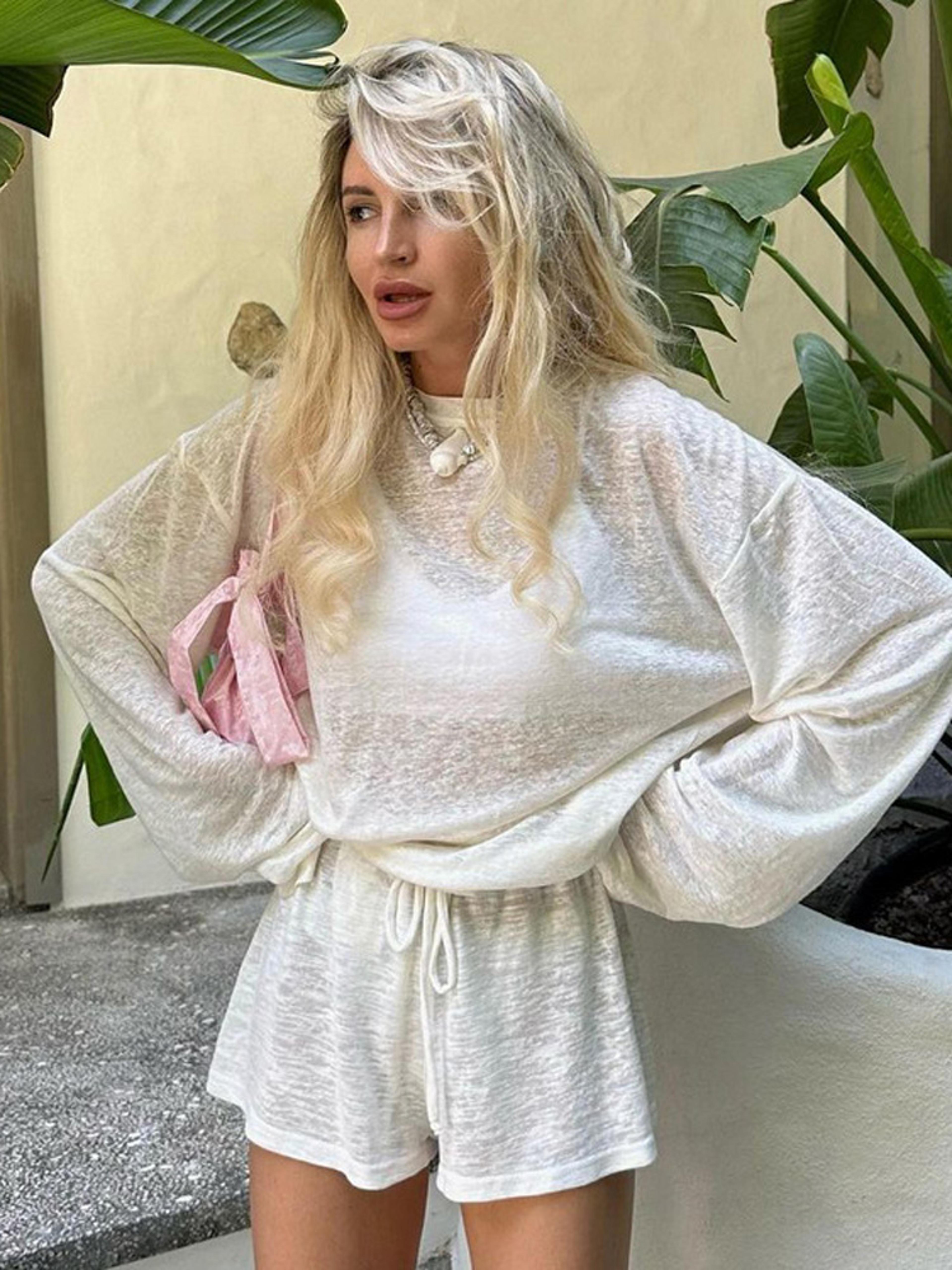 women's summer lounge set long sleeve pullover & high waist shorts