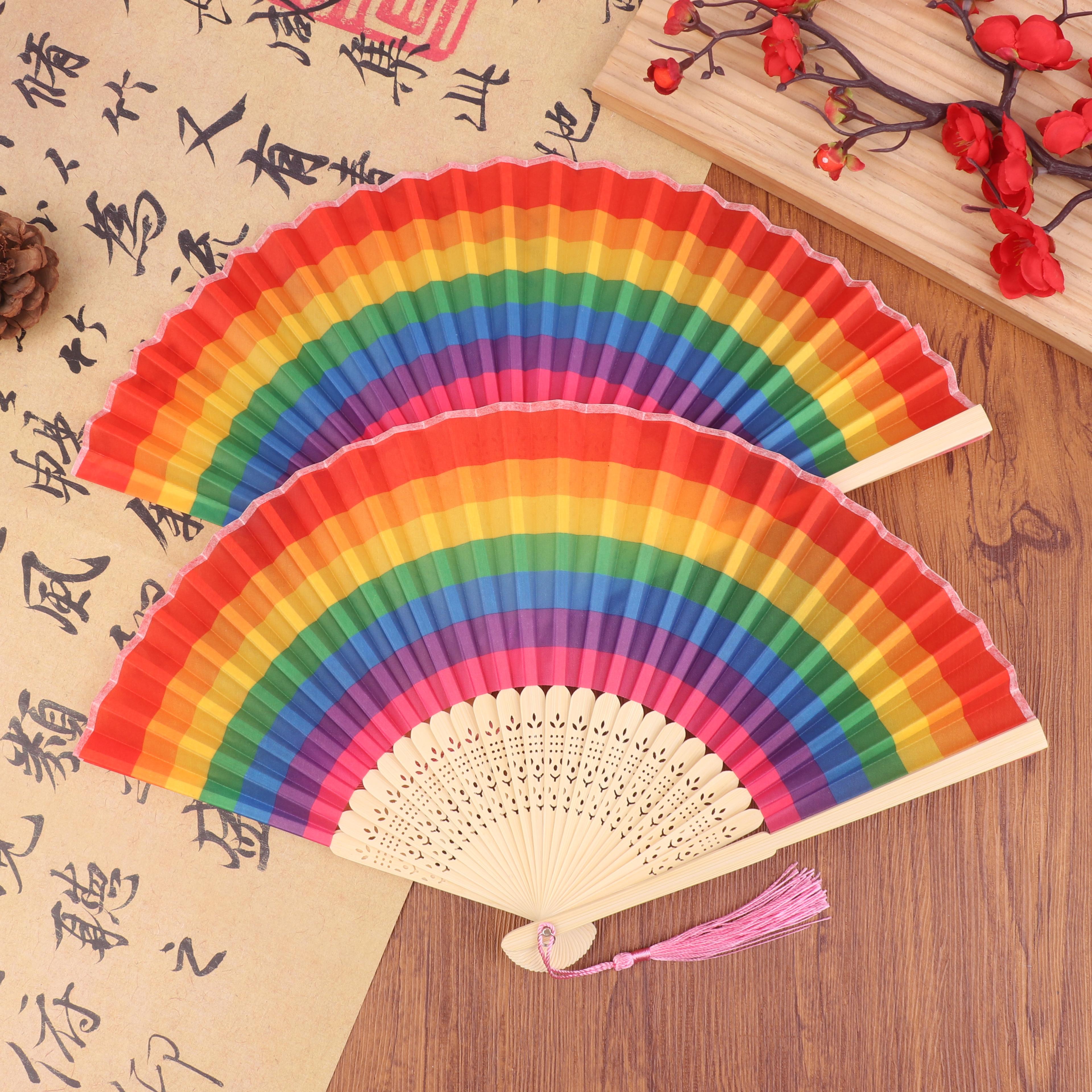rainbow spanish folding hand fan set for dance, festivals & wedding decor