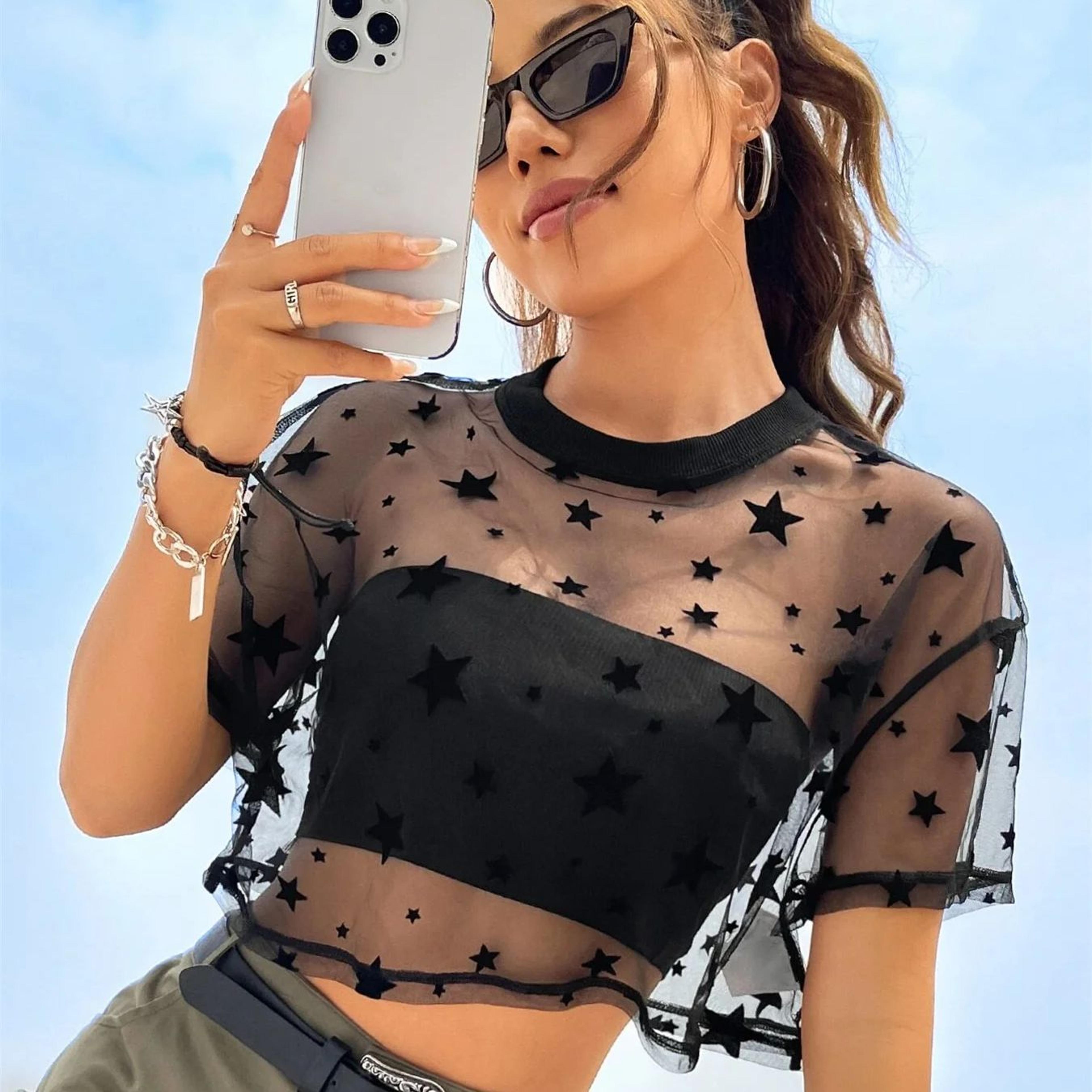 heart whisper sheer mesh crop top for women vintage heart print summer baby tee