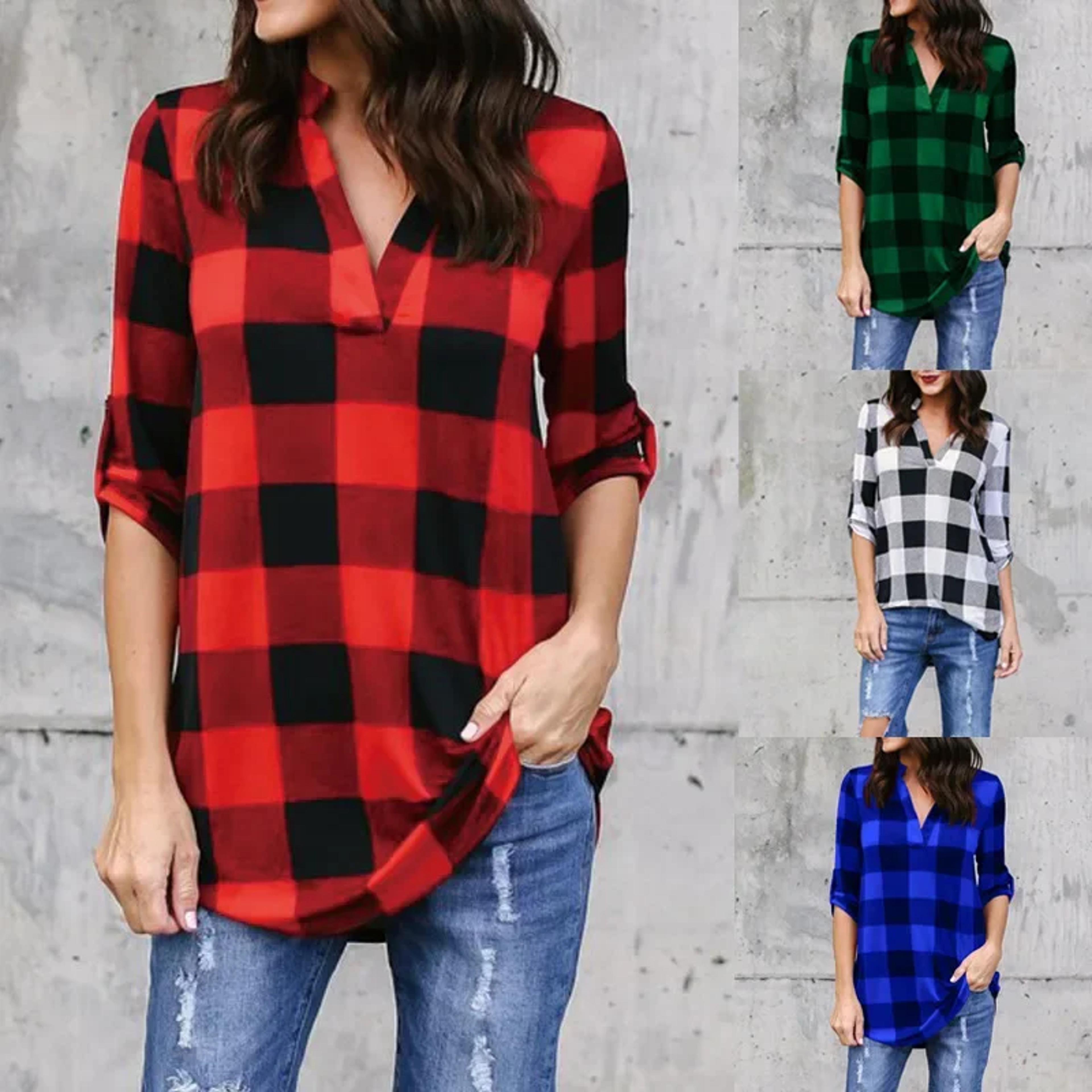 plaid breeze v neck summer tee for women casual beach shirt