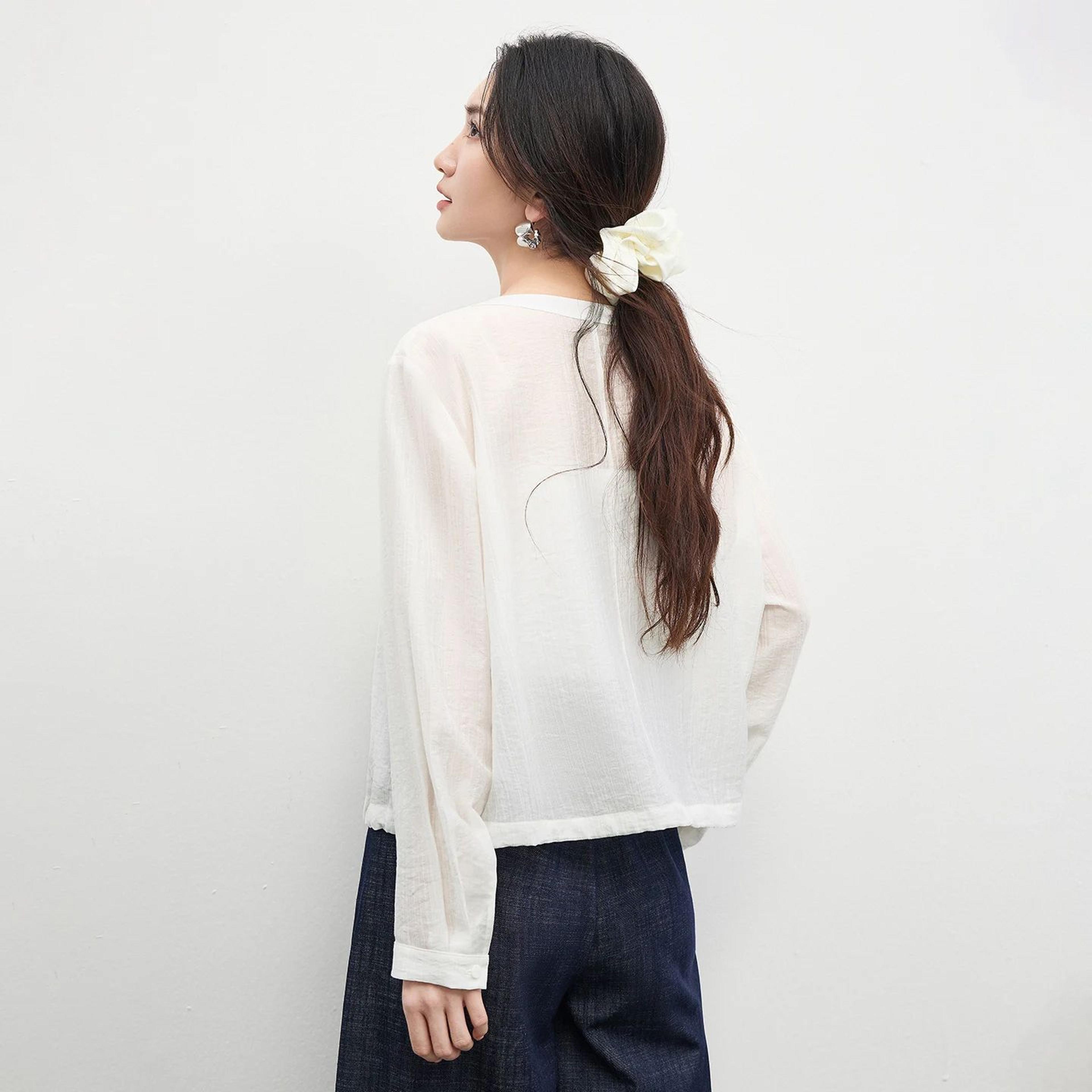 breezy oversized lyocell shirt for women sheer drawstring long sleeve summer top