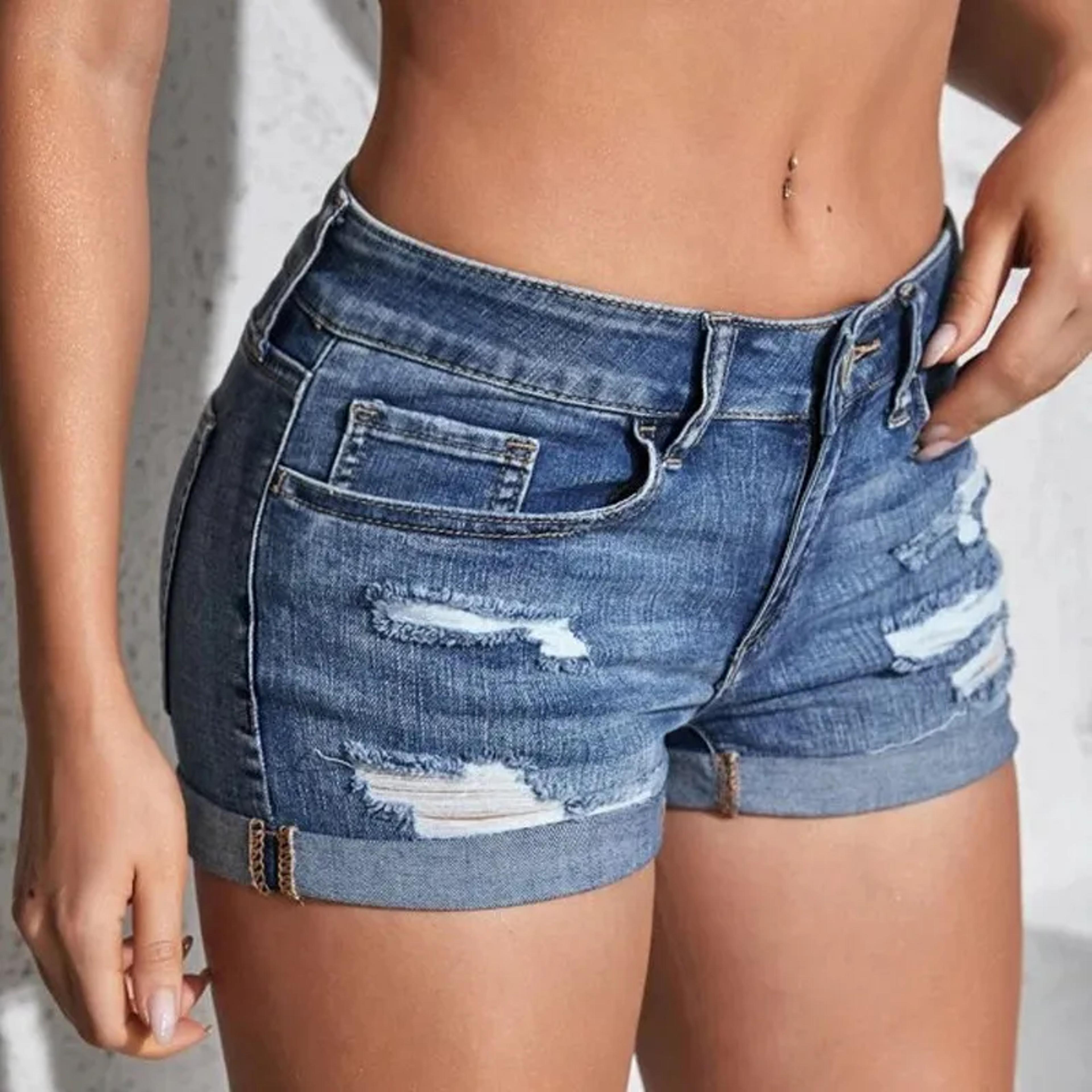 coastal curve mid waist denim shorts for women with rolled cuff stretch fits