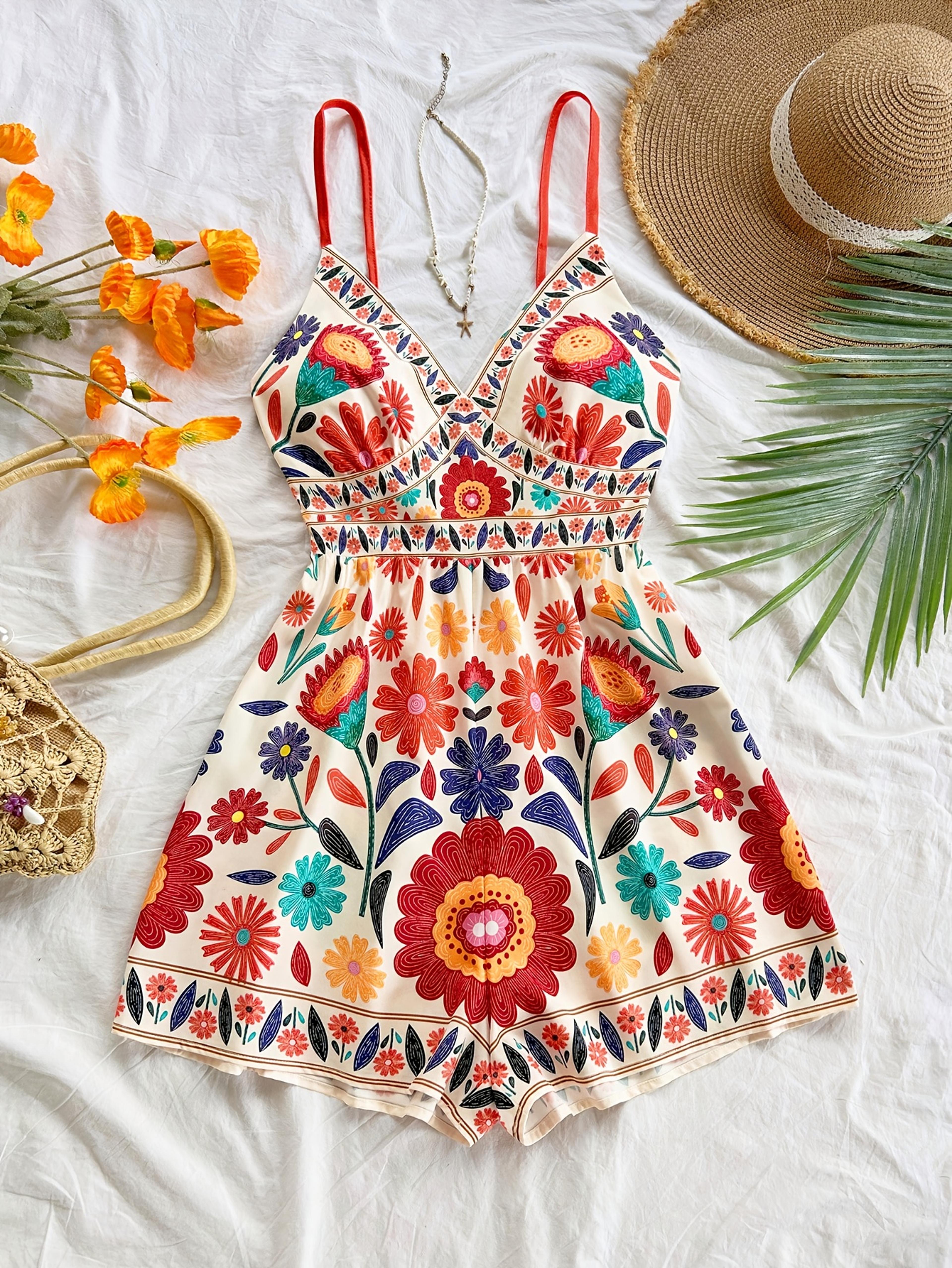 boho floral vacation jumpsuit for women casual summer wide leg romper