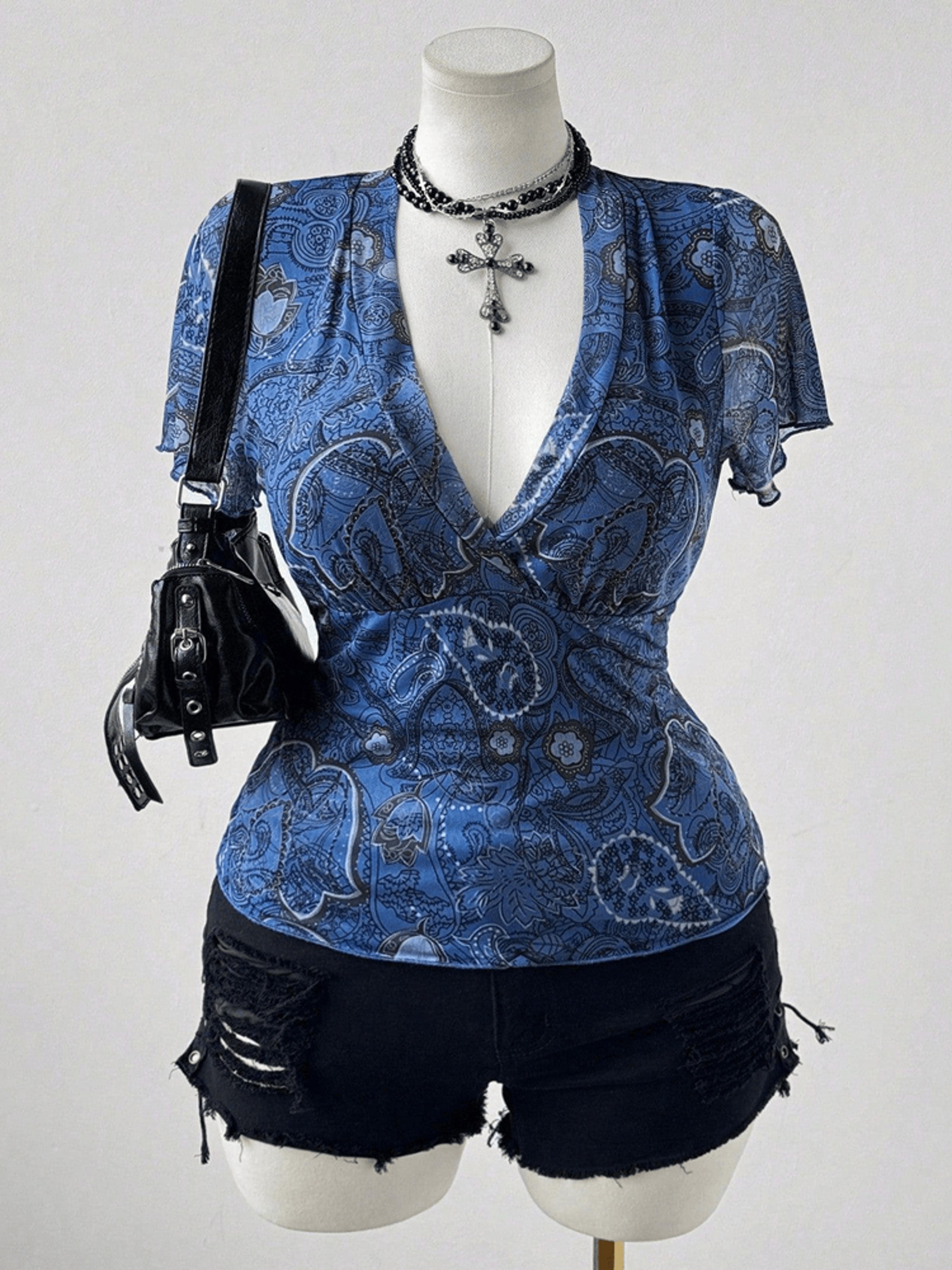 plus size paisley v neck slim fit blouse for women with flutter sleeves