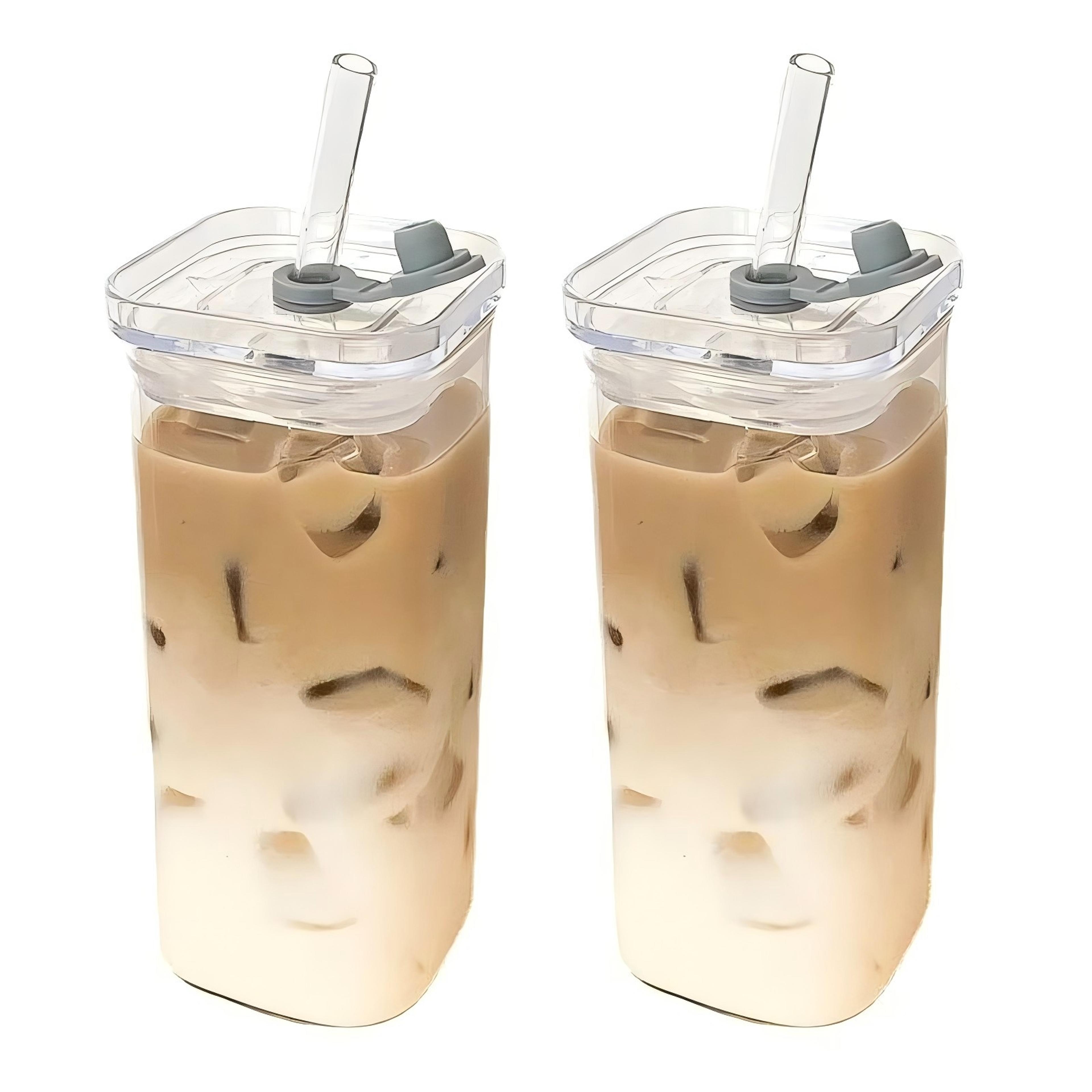 square heat resistant glass coffee cup with lid and straw milk tea and iced coffee mugs