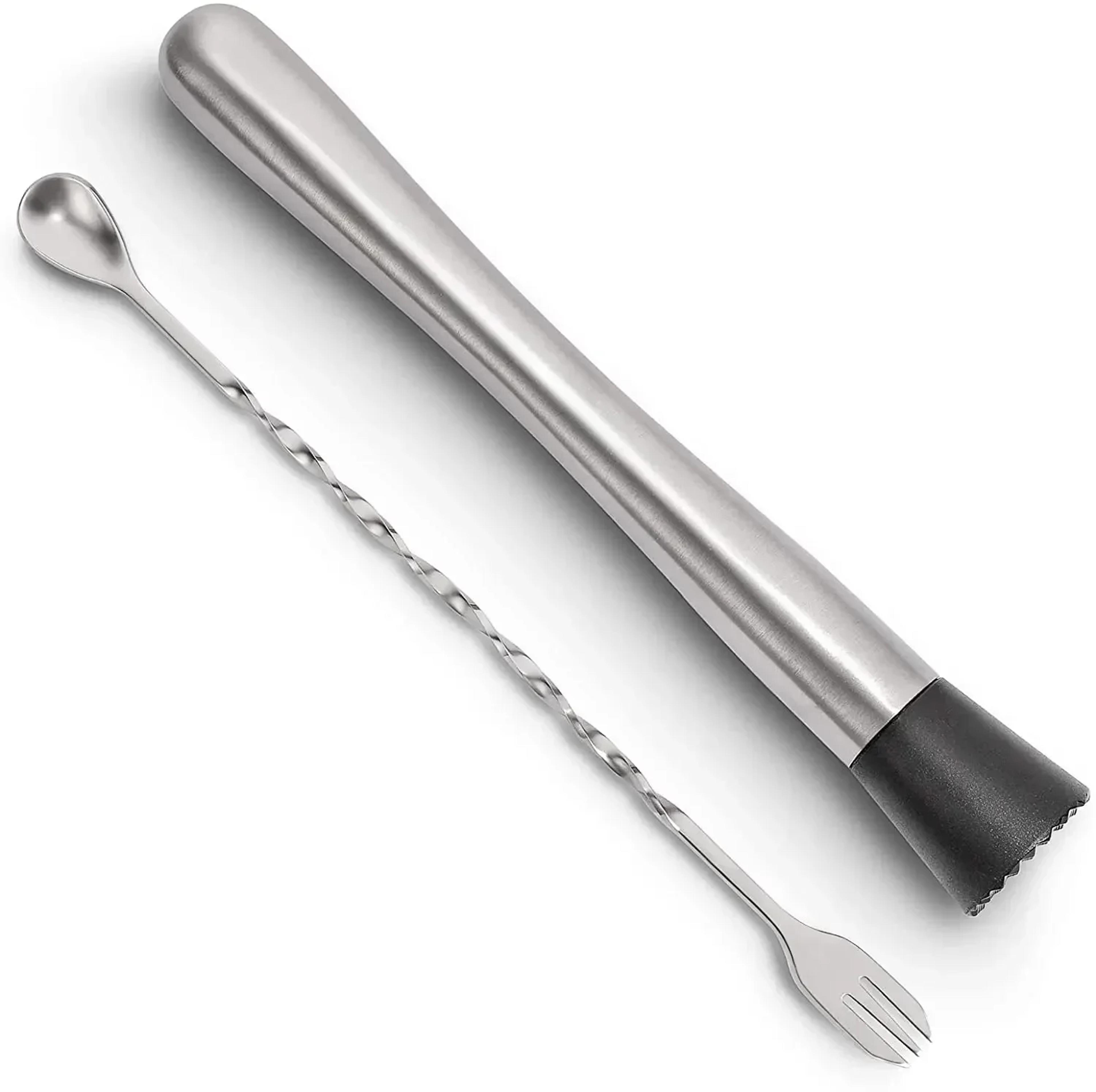 stainless steel cocktail muddler and mixing spoon bar tool set for mojitos and home bartending