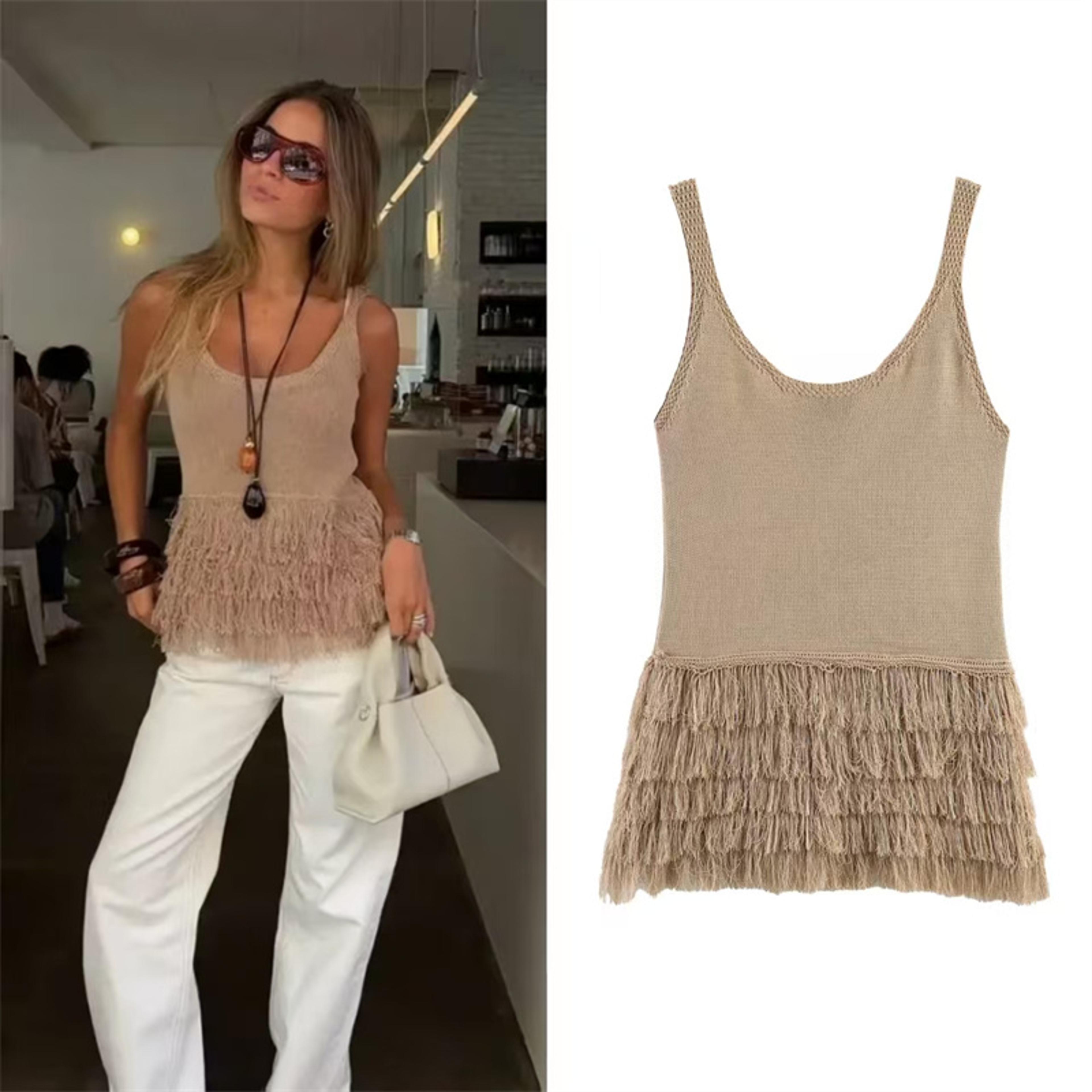 women's camel sleeveless tassel summer holiday high street fashion top