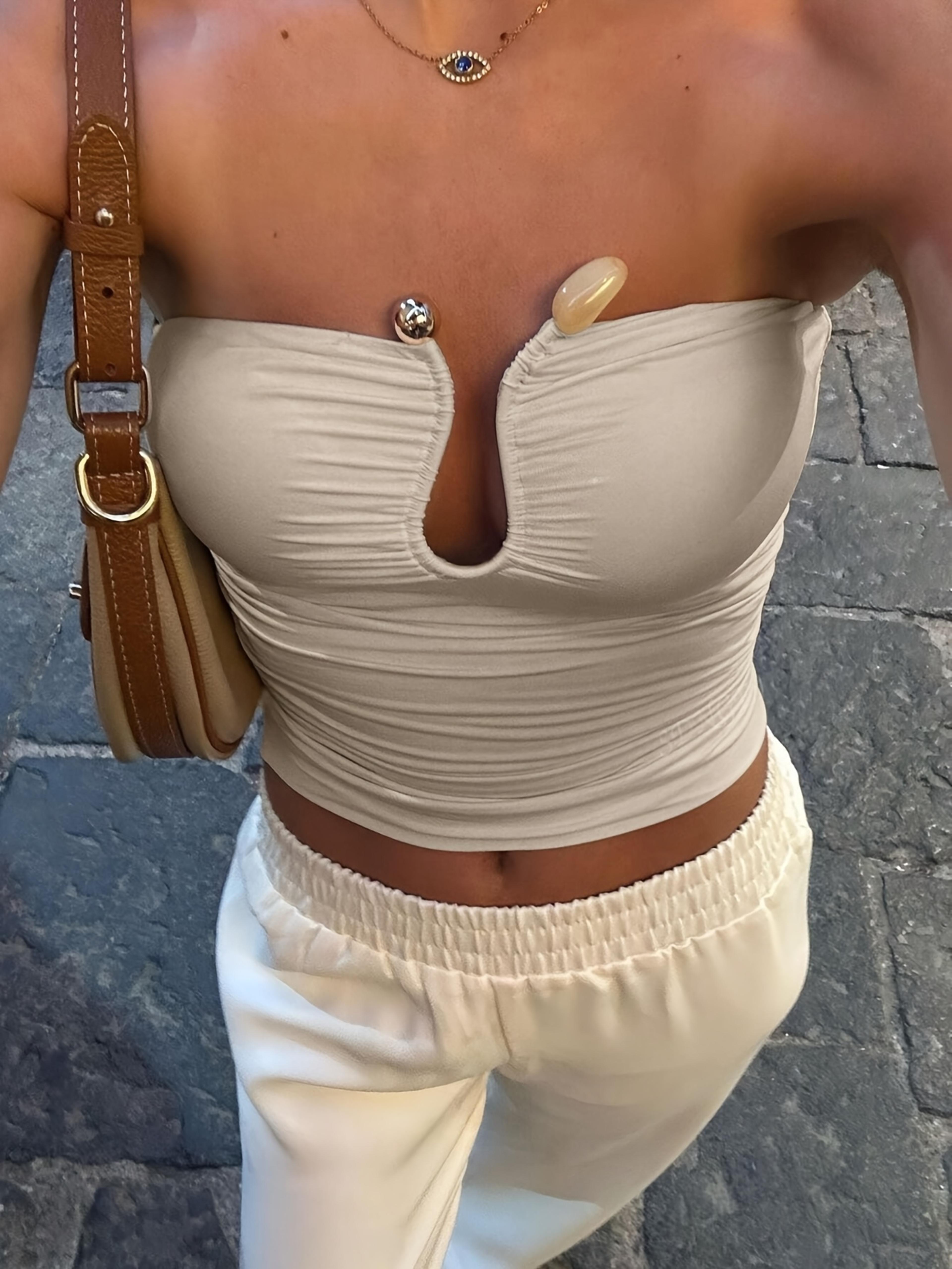 summer backless halter crop top pleated buckle sexy slim fit