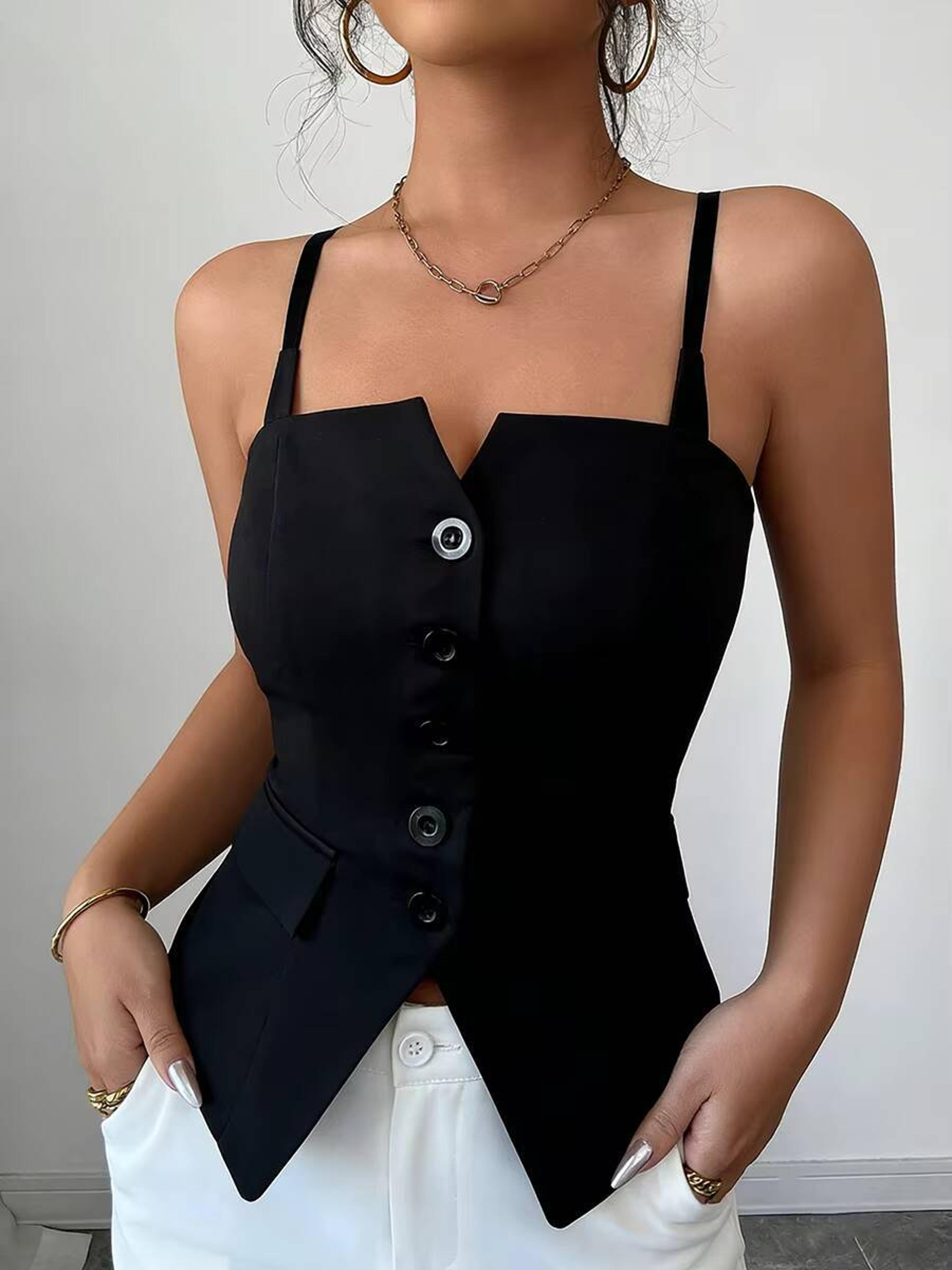 women spaghetti strap sweetheart neck slim fit summer tank top button casual elegant camisoles