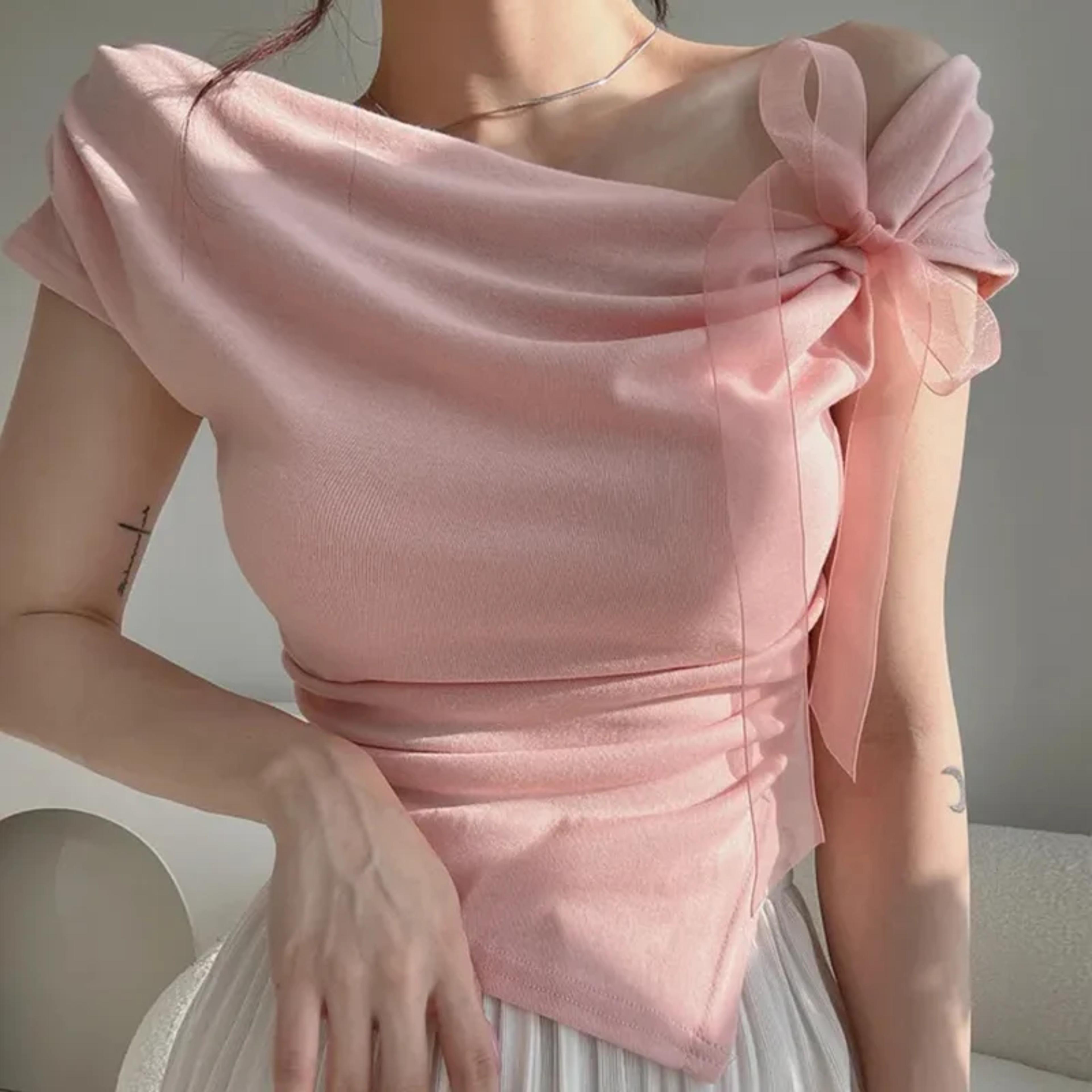 sweet bow off shoulder crop top for women korean style lace up summer tee