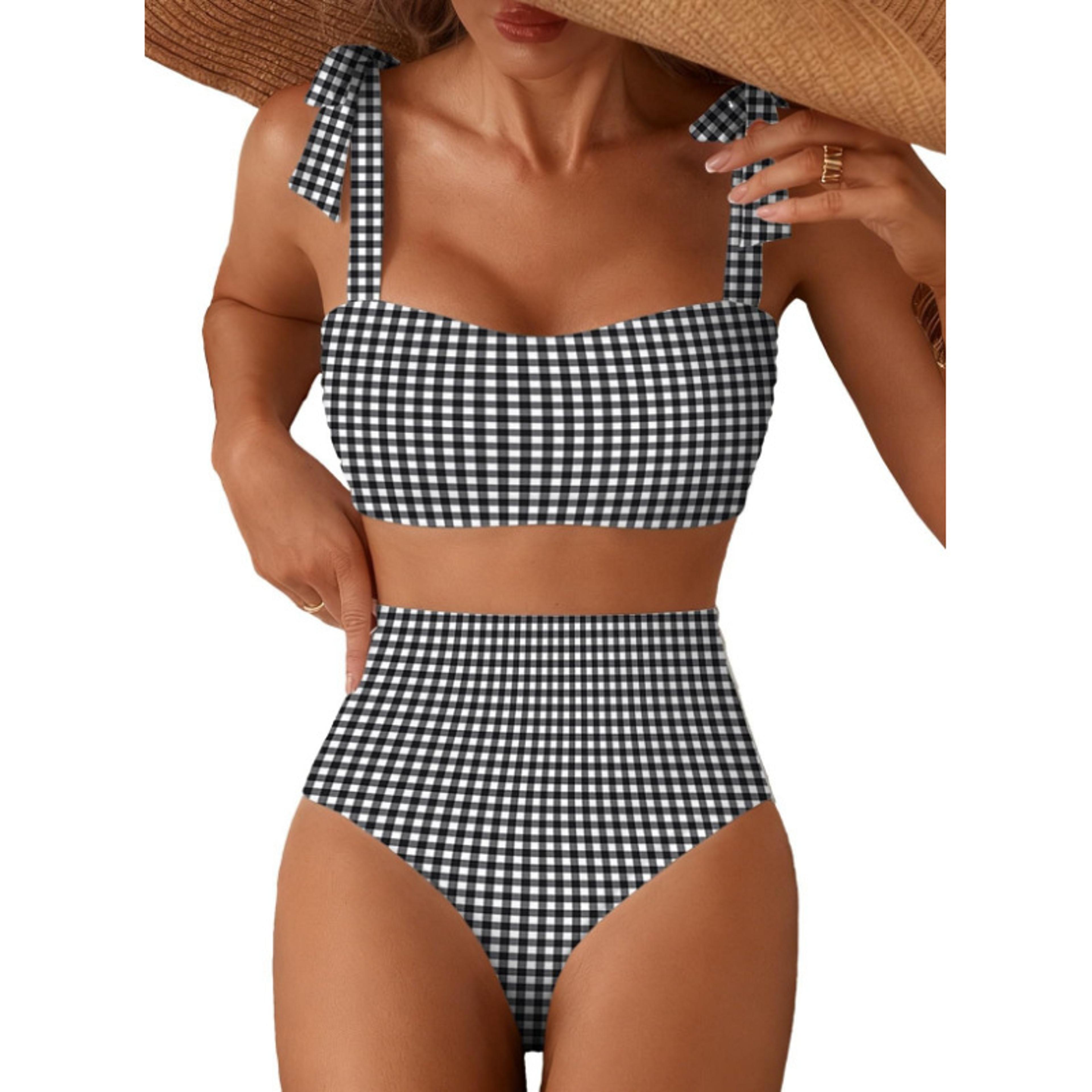 coastal charm striped high waisted bikini set with tie shoulder swimwears