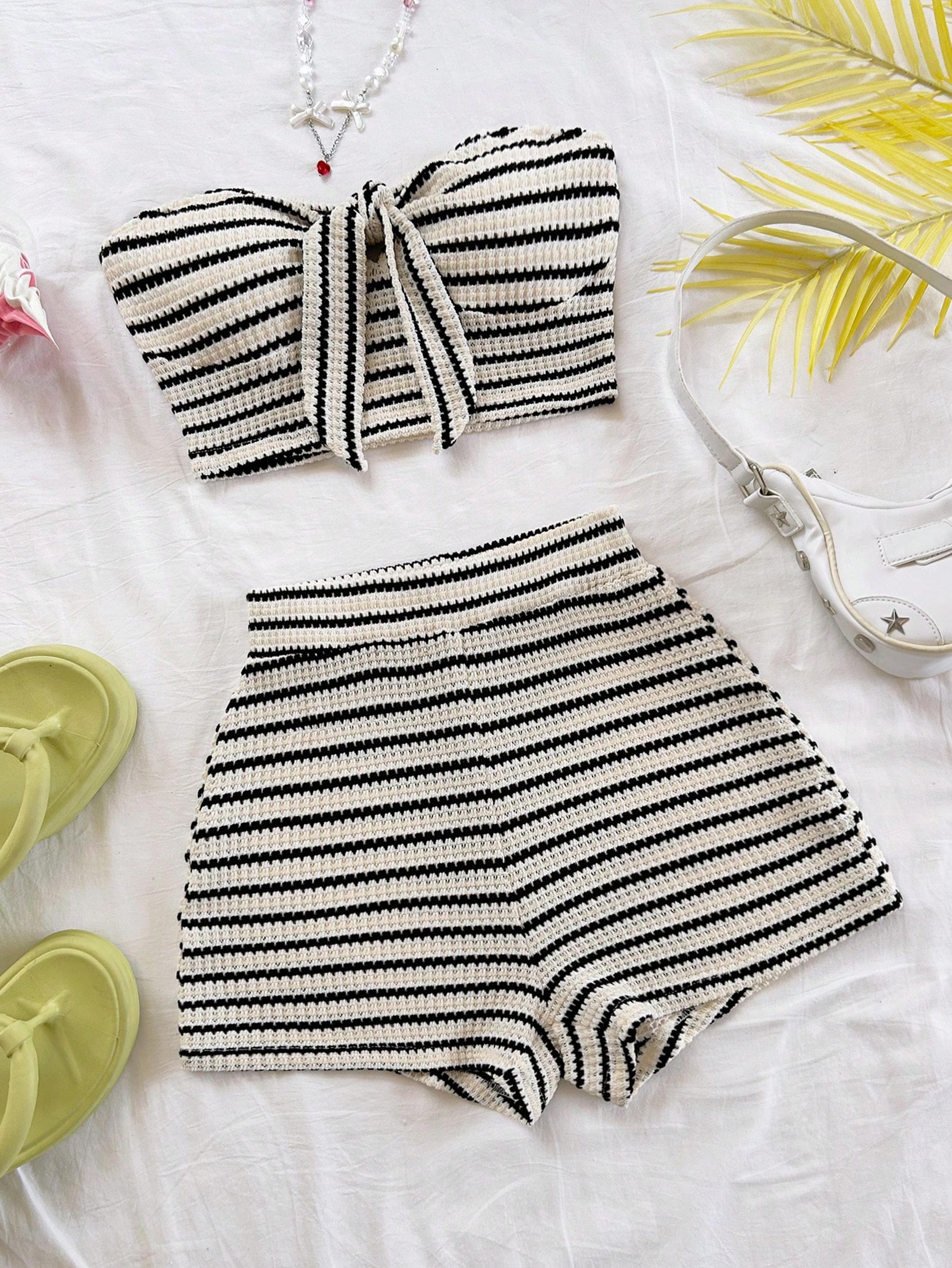 butterfly accent striped shorts set for women elegant vacation outfit set with high waisted short
