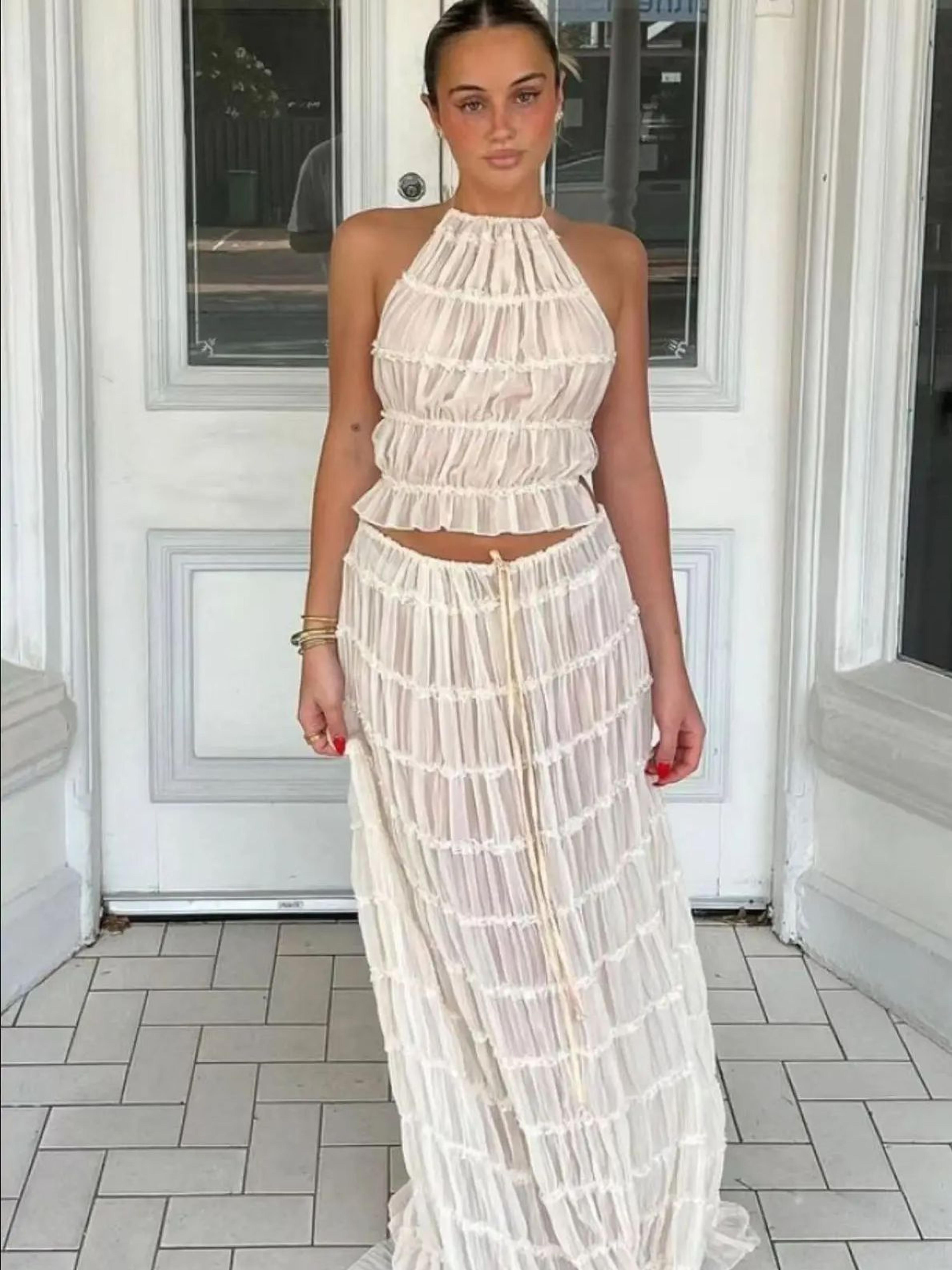 summer elegance skirt set backless halter top & lace up maxi skirt set for women