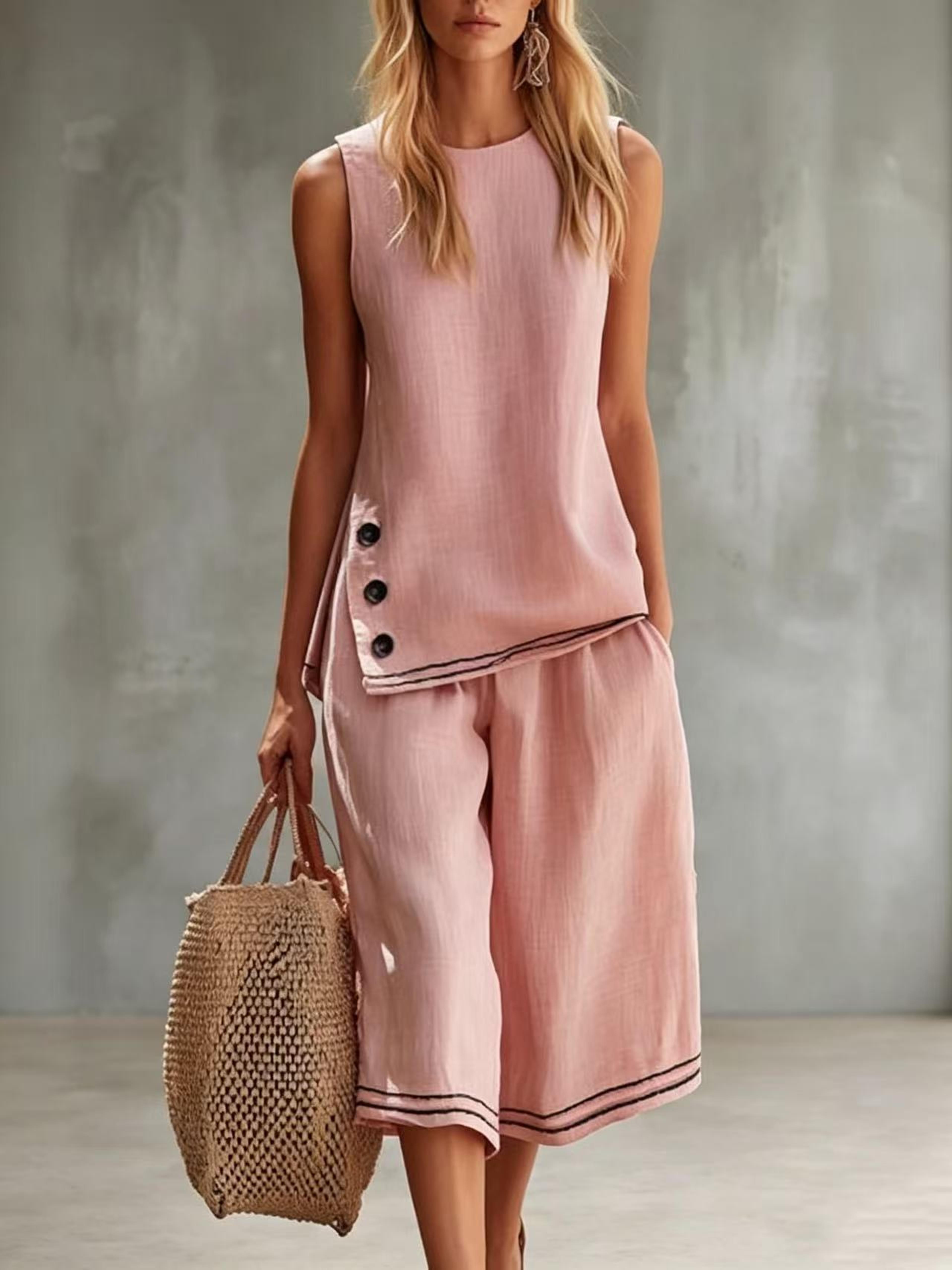 breezy luxe cotton linen set for women sleeveless vest and wide leg capri pants