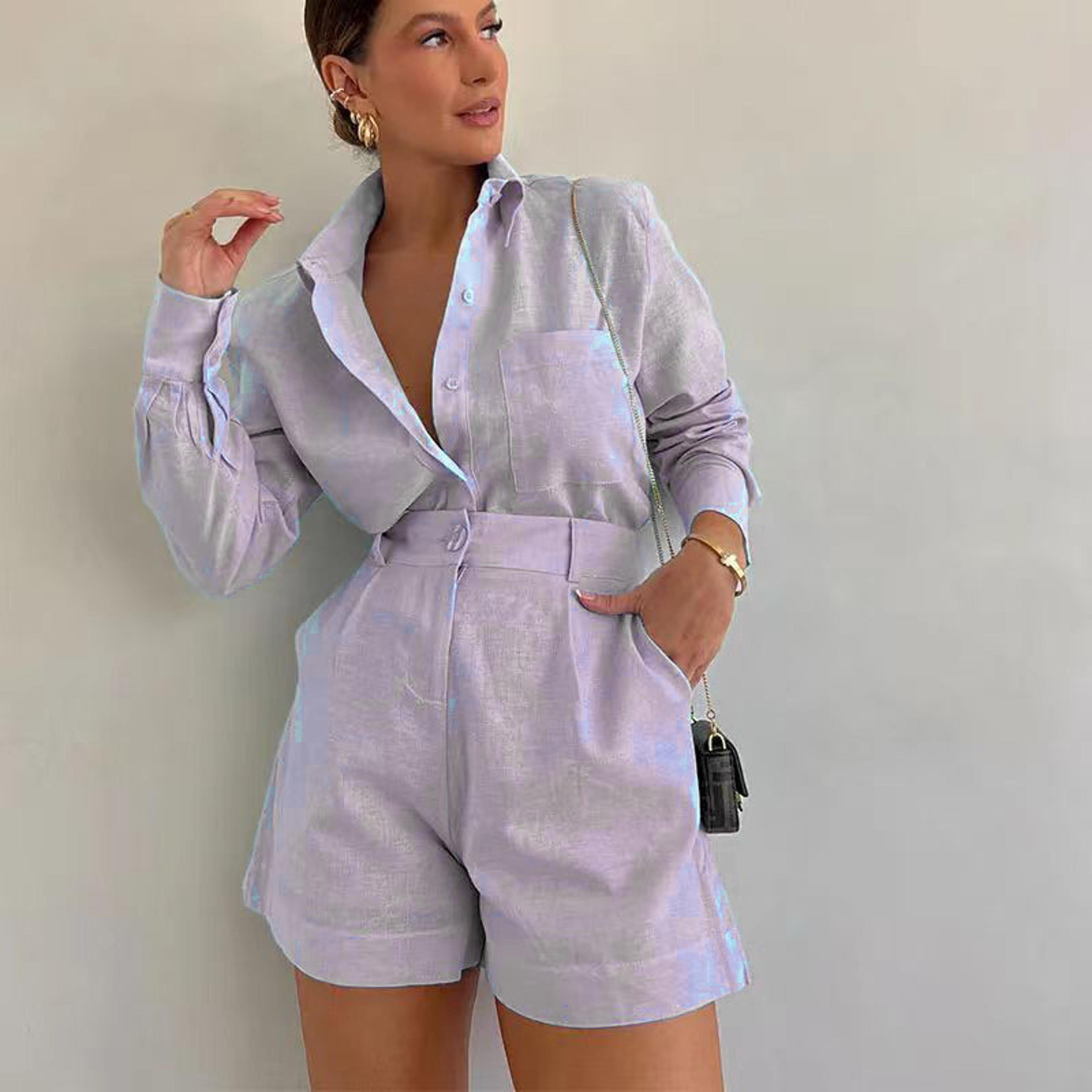 breezy button up womens set with long sleeve shirt & short