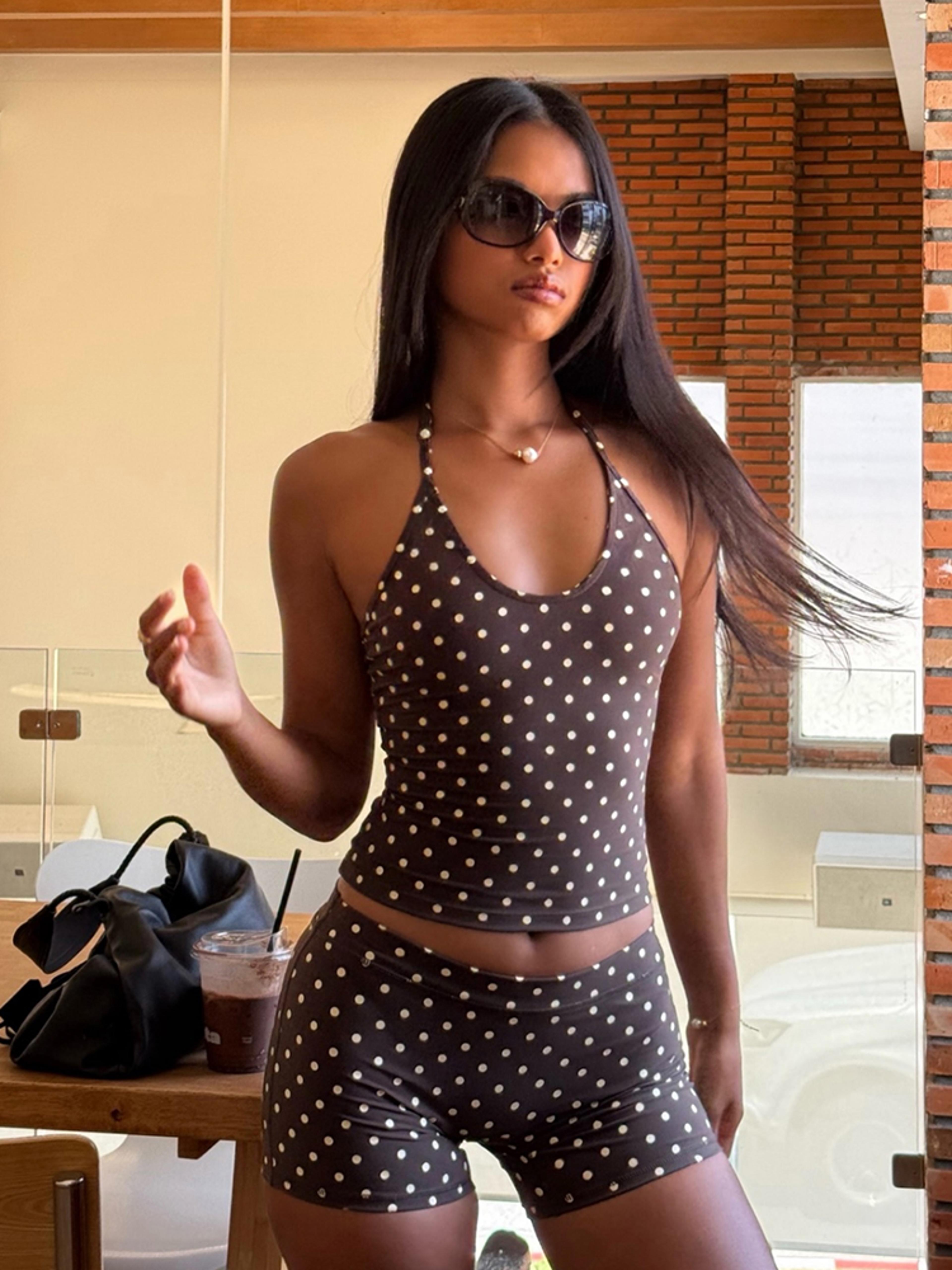 polka dot backless halter tank & biker shorts matching set for women