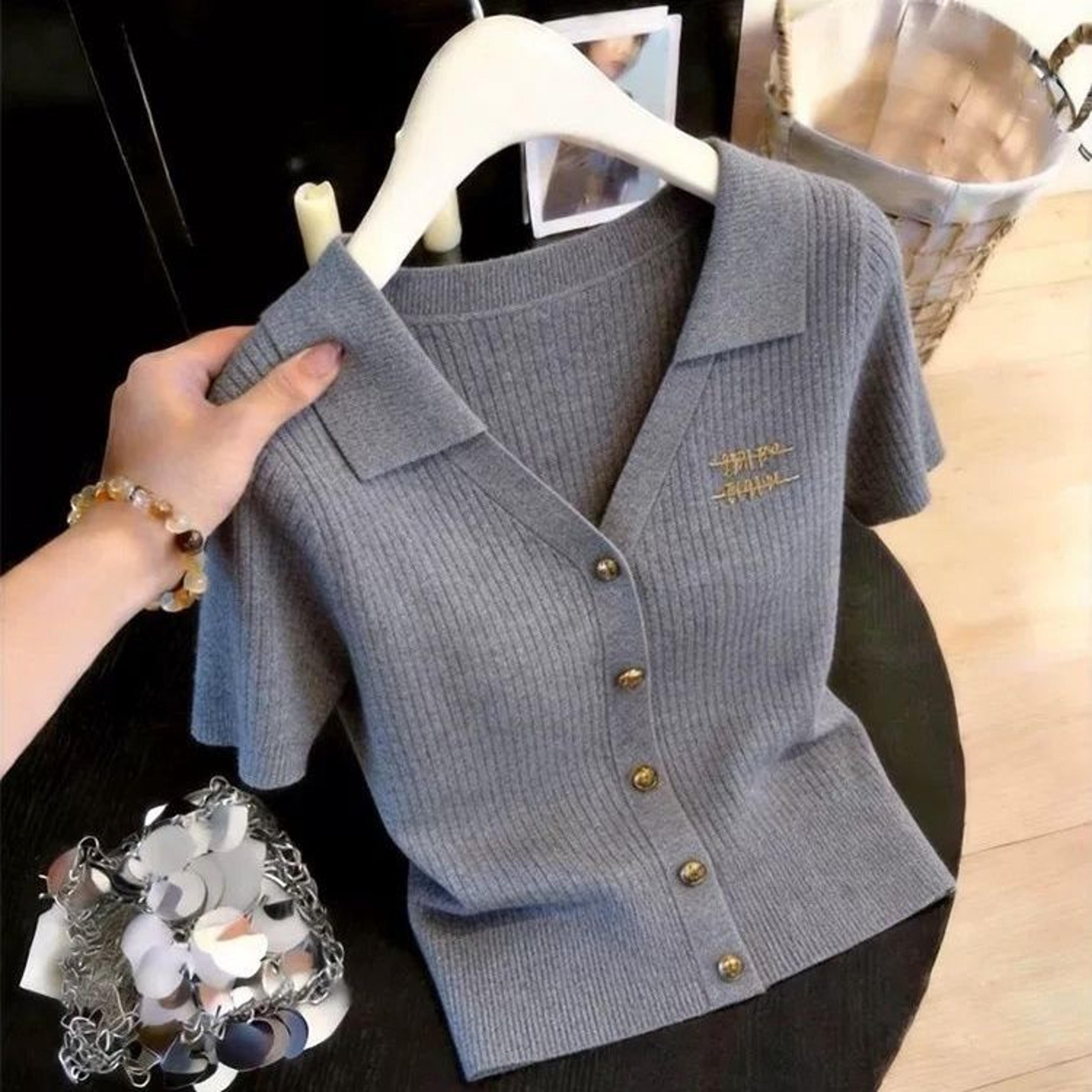 womens ice silk striped knit top with gold embroidery