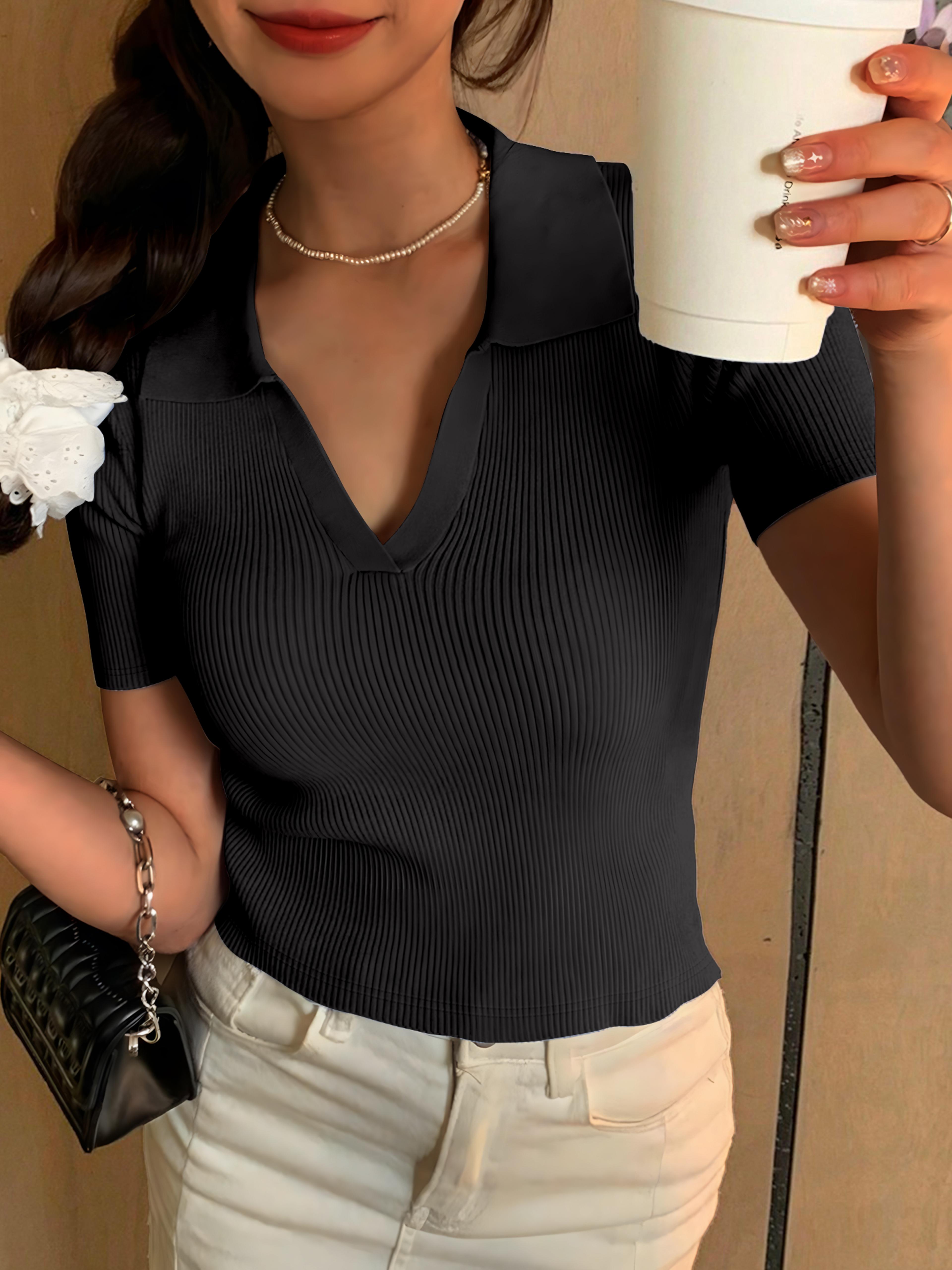 colorblock ribbed v neck polo top for women casual summer shirt