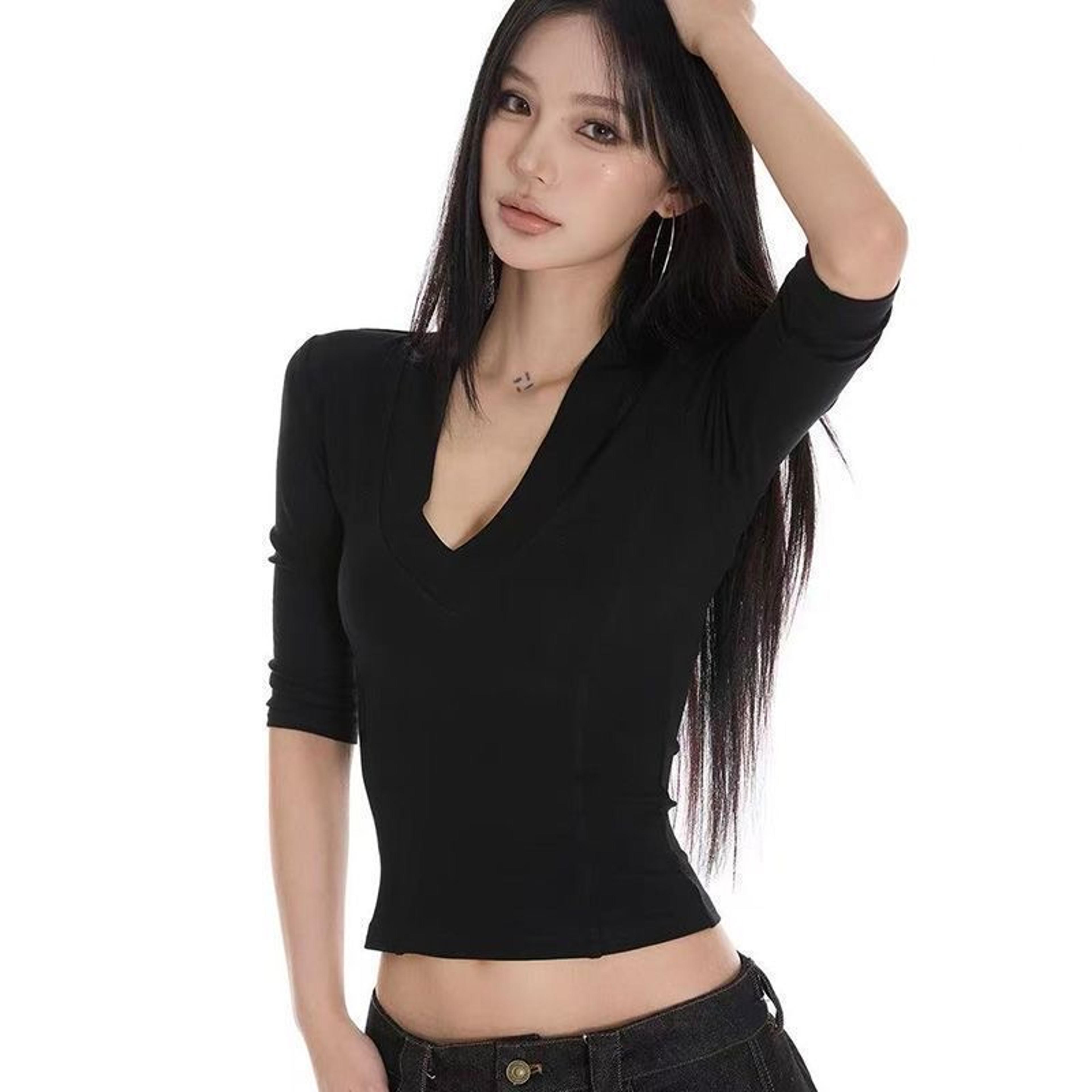 neck crop tee for women slim fit drop shoulder summer casual top