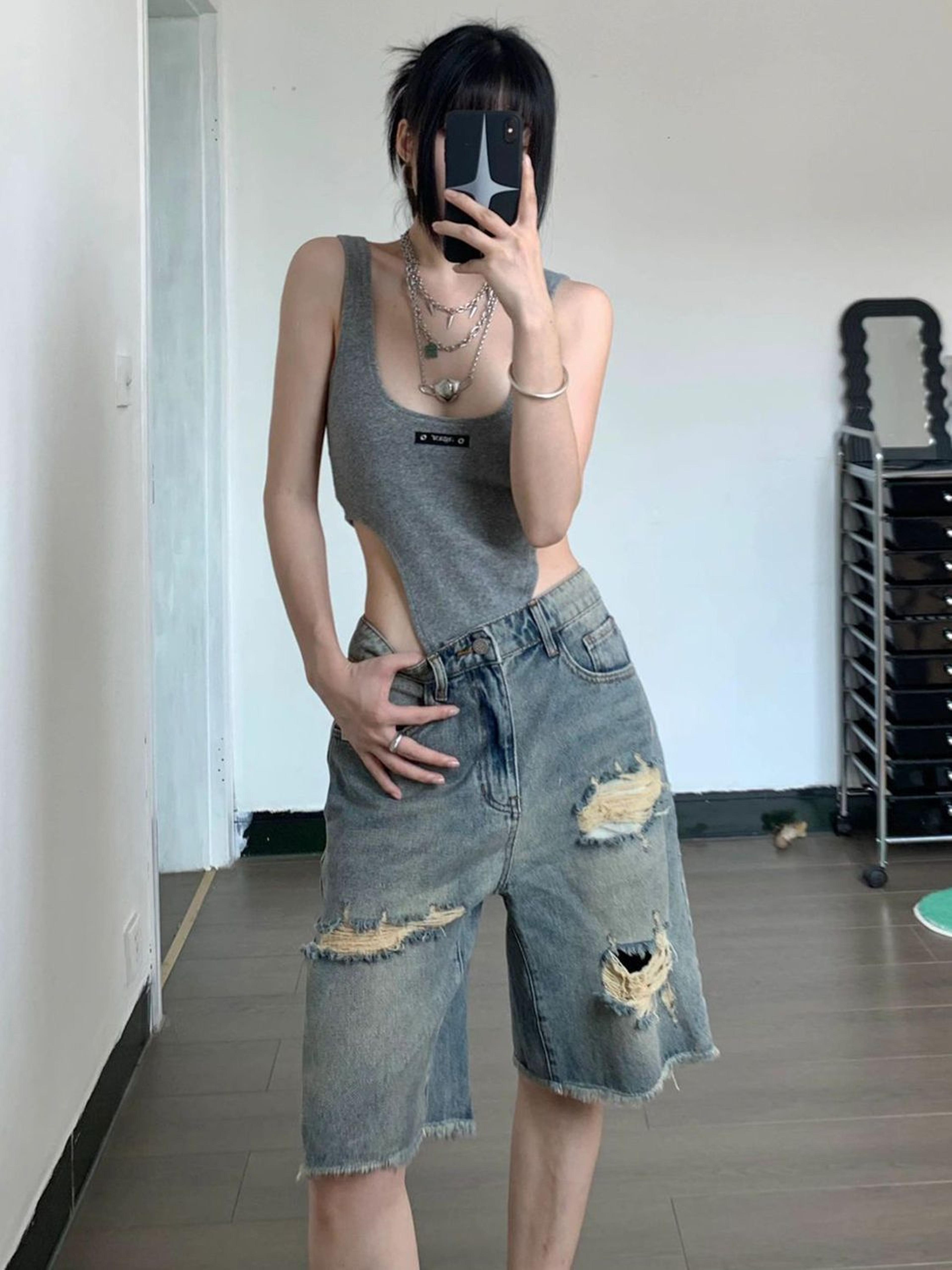 retro rebel distressed jorts denim shorts for streetwear style