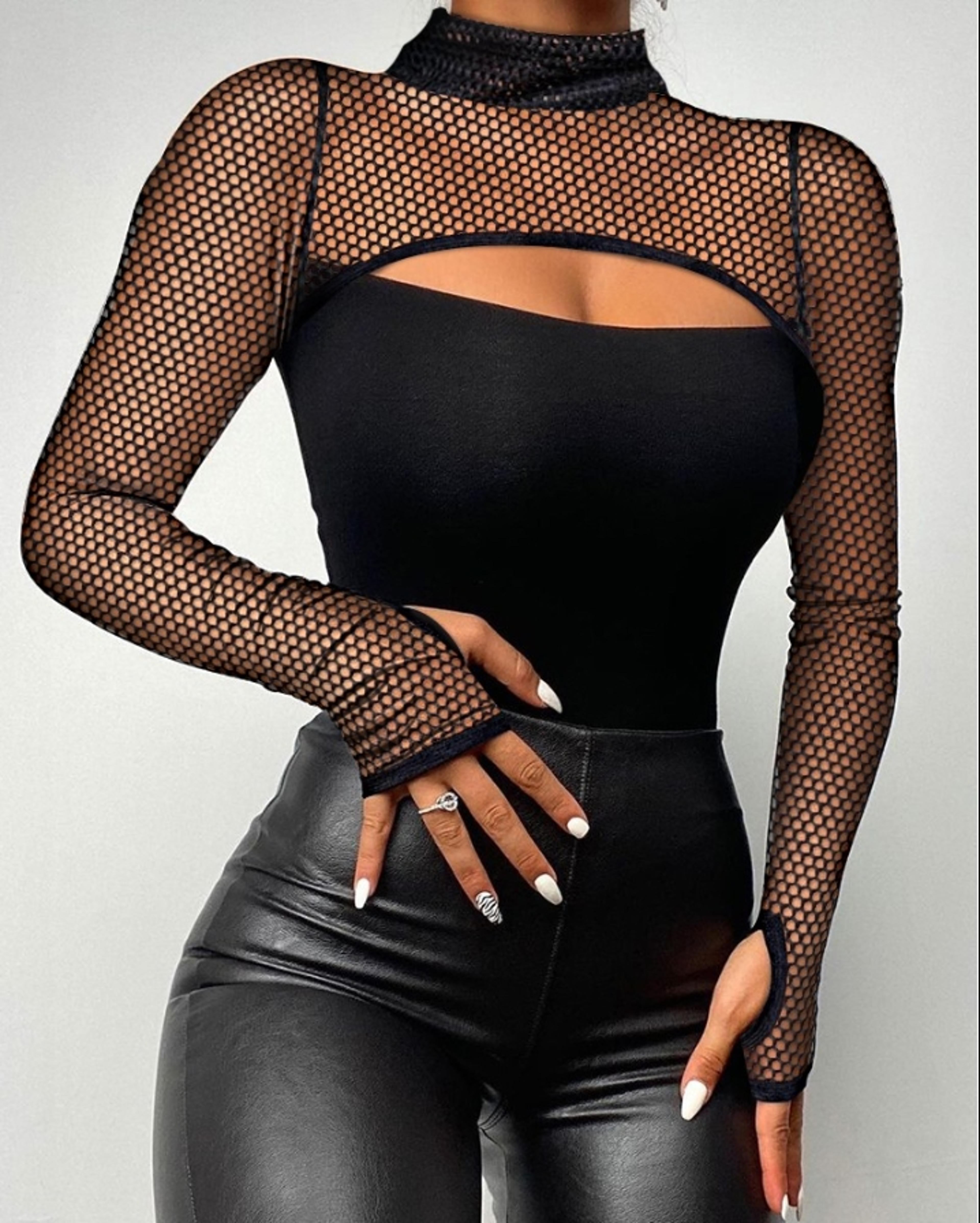 luna mesh mock neck cutout top slim fit long sleeve streetwear tees