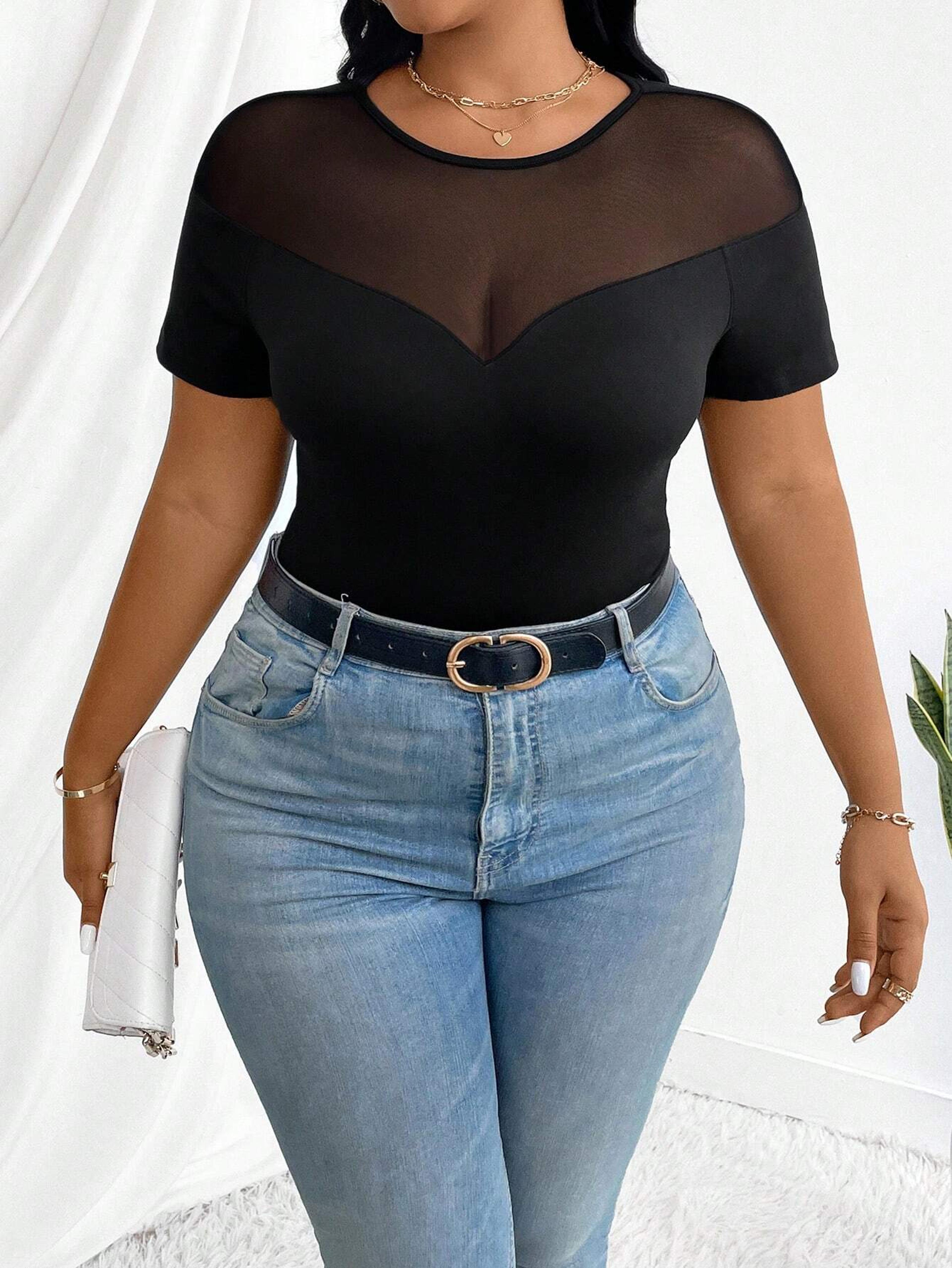 mesh sheer fitted top for women short sleeve round neck fashion tees