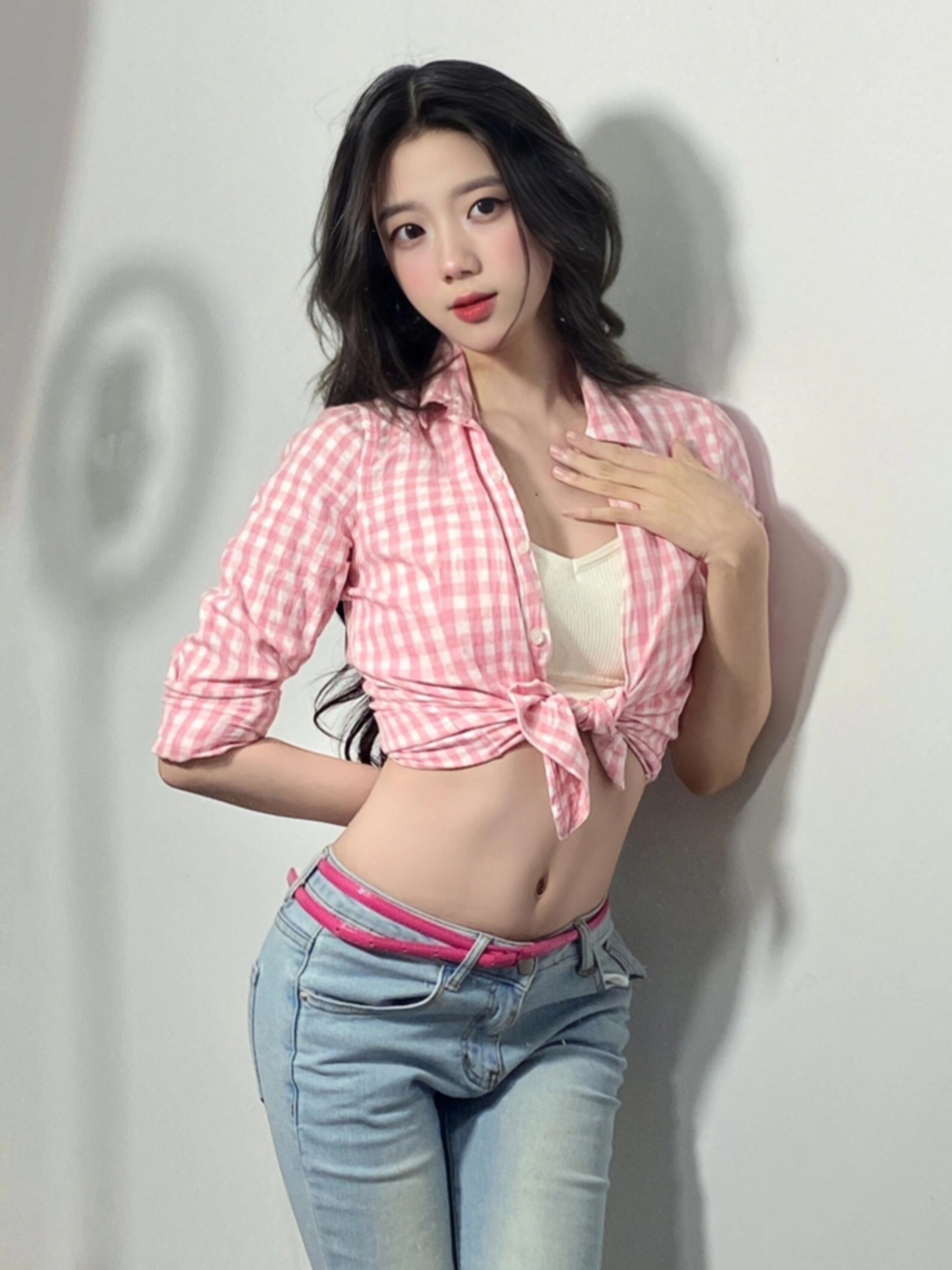korean plaid crop shirt with belted waist slim fit crop top for women