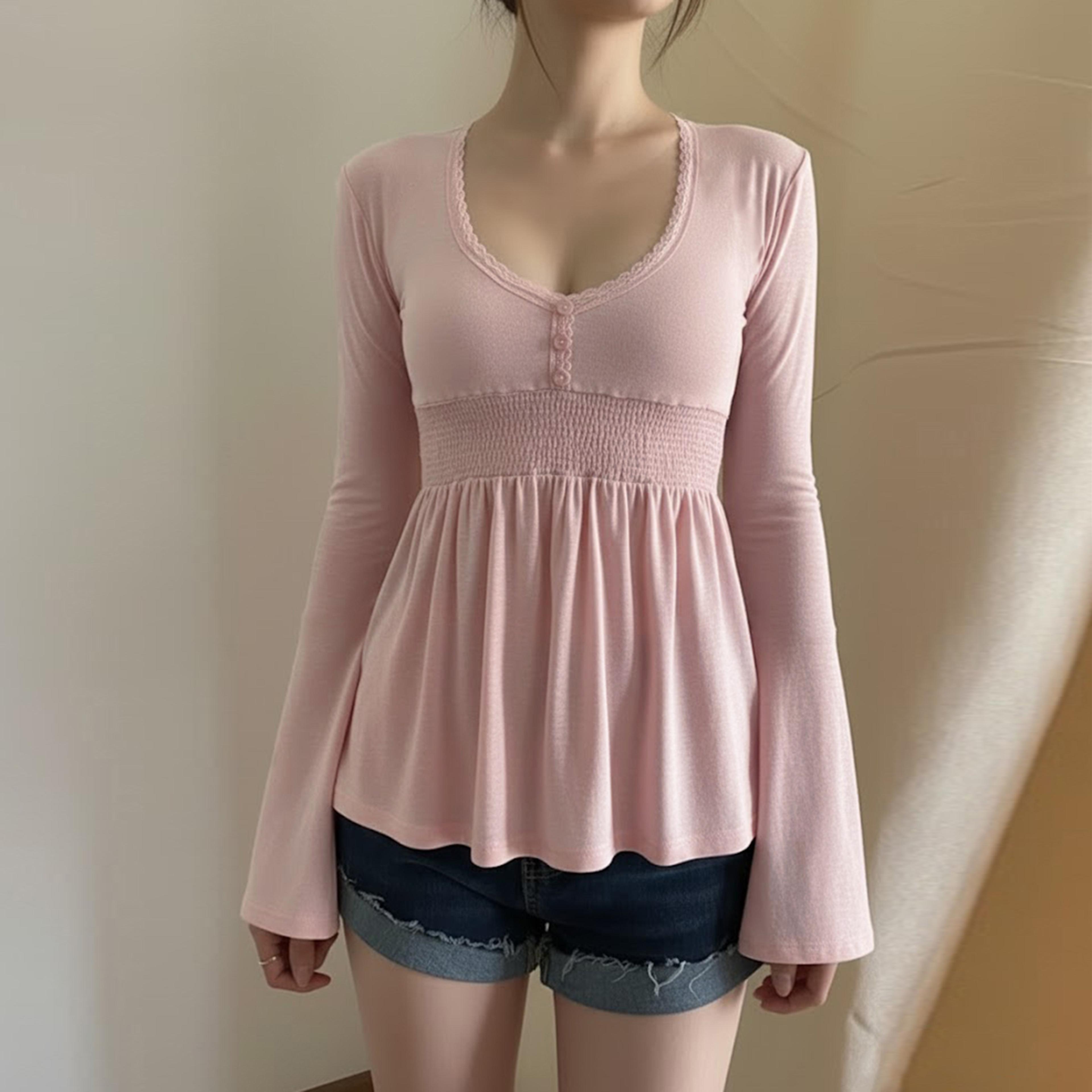 lace trim v neck knit top for women fairycore flare sleeve blouse