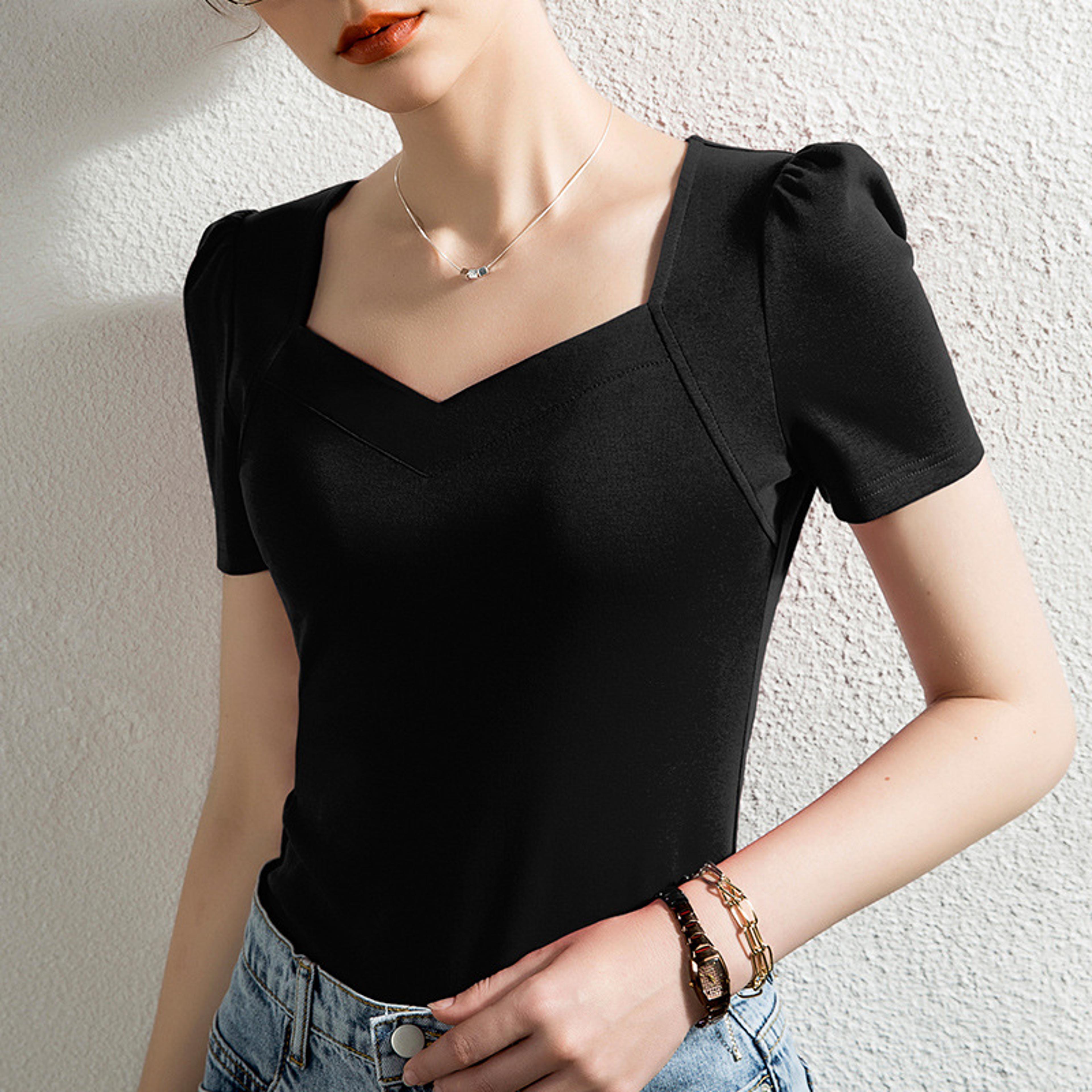 elegant cotton v neck bubble sleeve womens summer t shirt