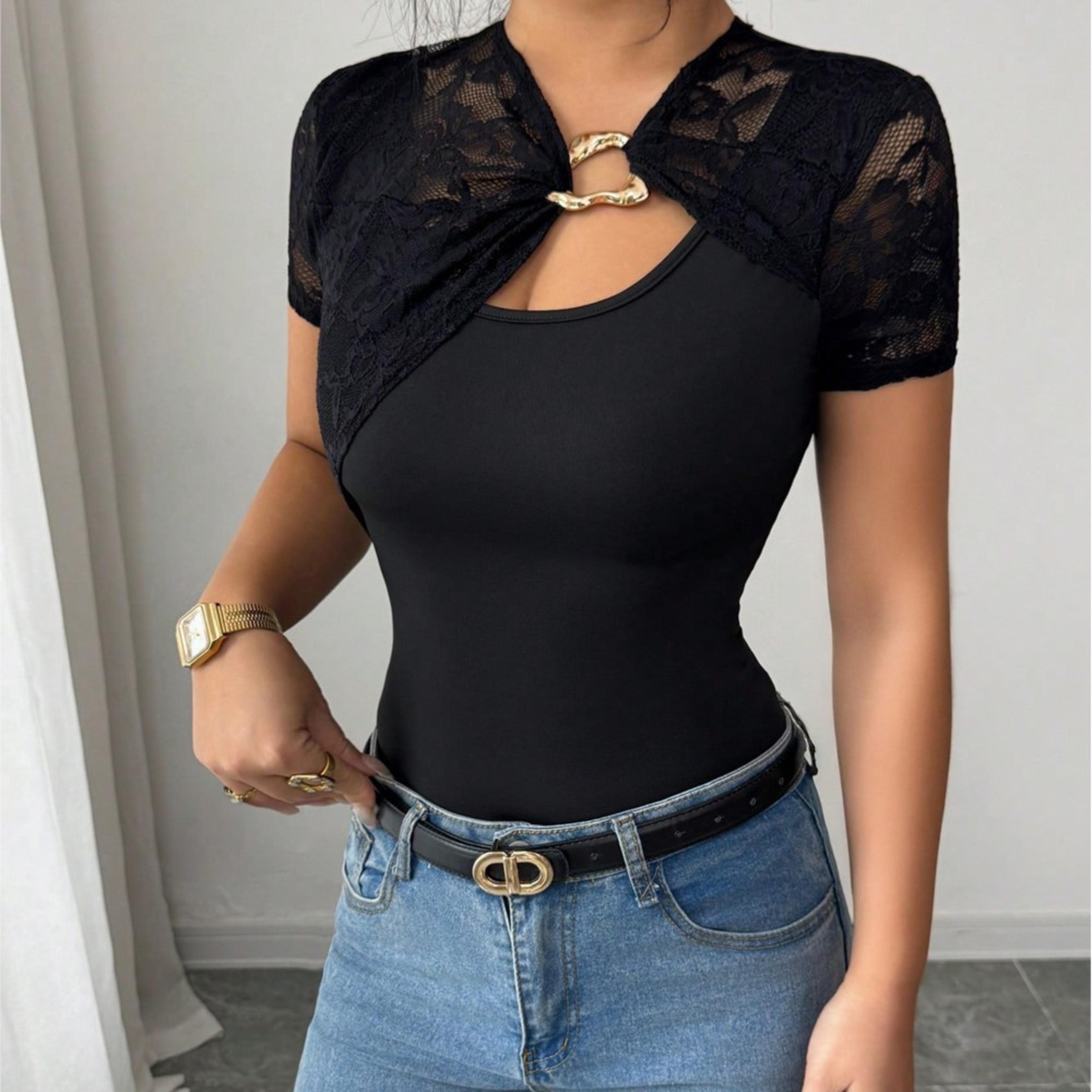 new lace patchwork metal buckle slim and cut out sexy summer short sleeved t shirt for women
