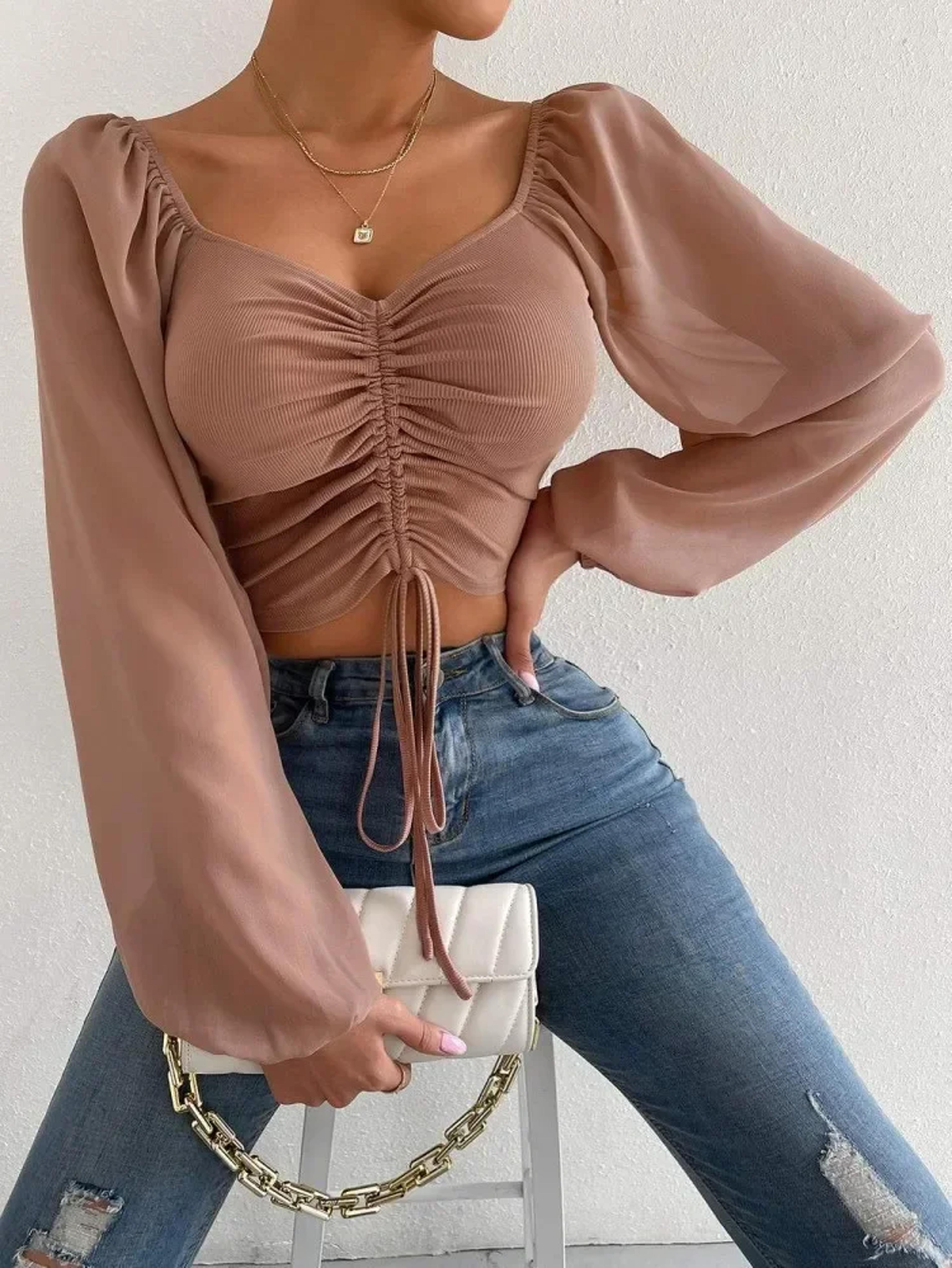 ruched v neck long sleeve crop top for women adjustable drawstring summer tee