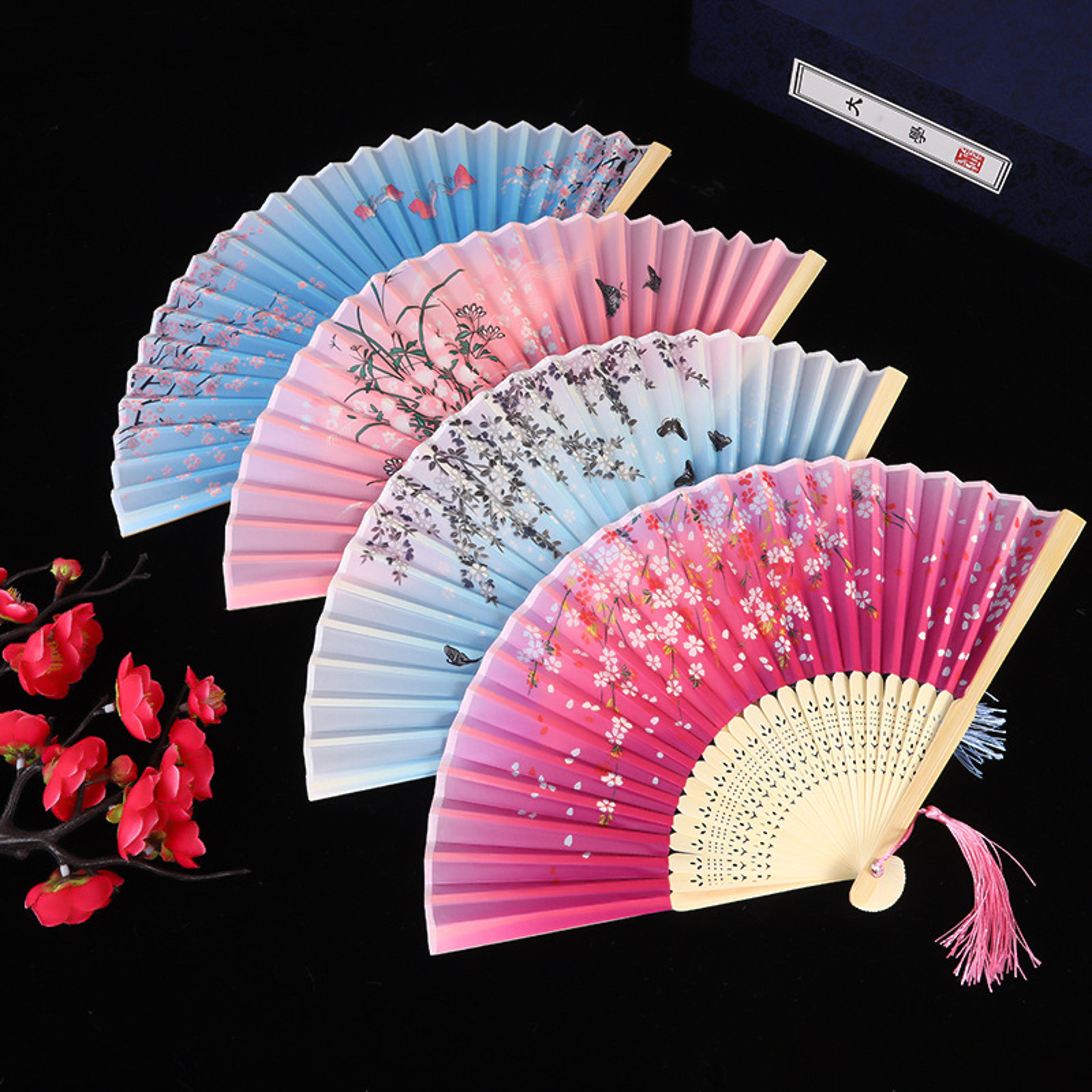 vintage silk folding hand fan elegant bamboo folding fan for dance, decor & gifts