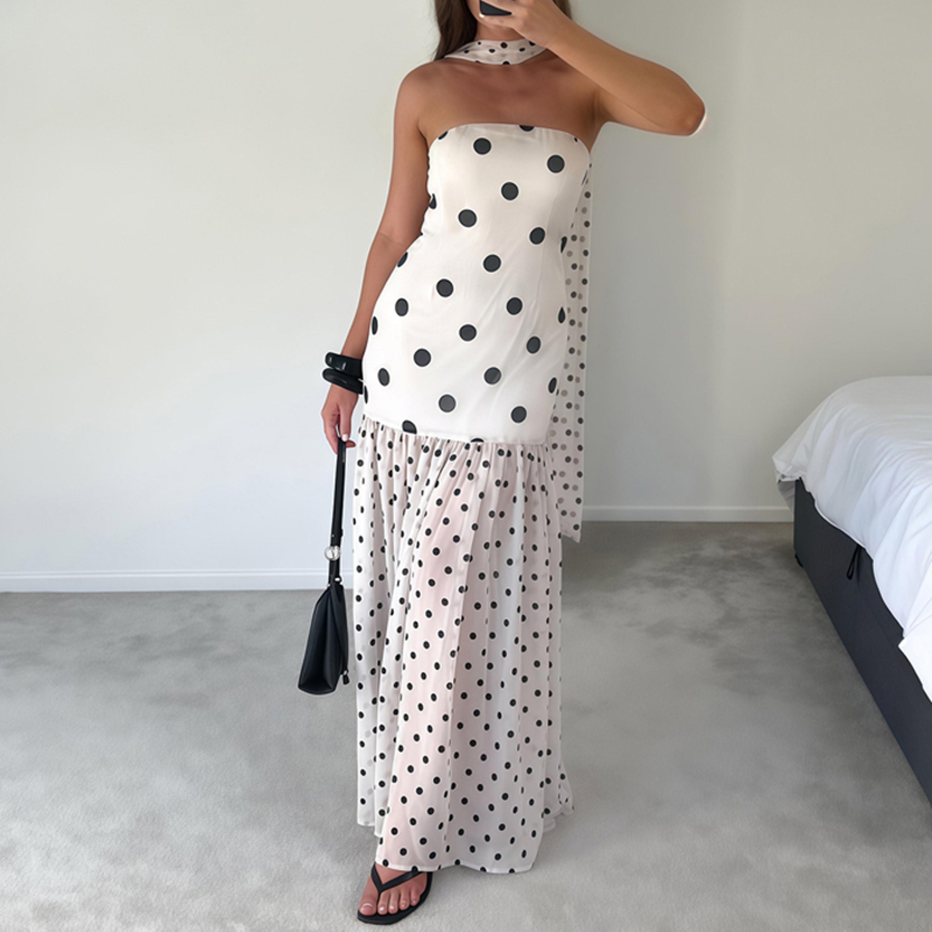 polka dot strapless vacation maxi dress elegant high waist summer beach dress