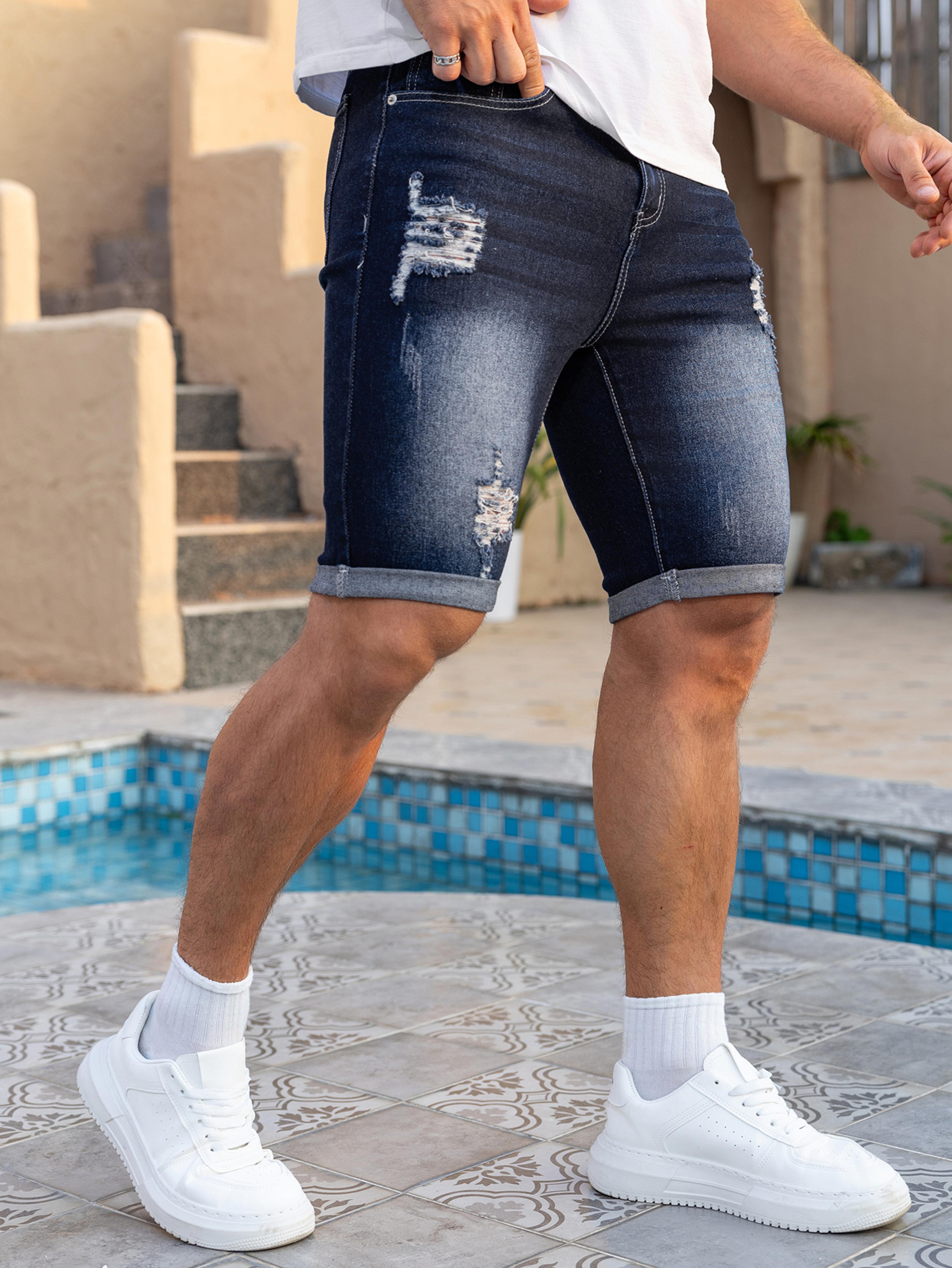 ripped slim fit denim shorts for men knee length stretch summer short